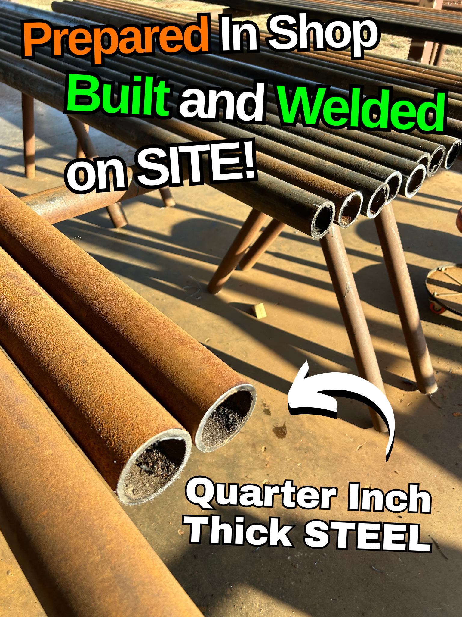 Steel pipes and rods at a fabrication site with overlay text about steel construction.