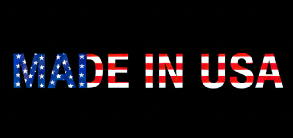 Text reading "MADE IN USA" with American flag pattern on the letters, on a black background.