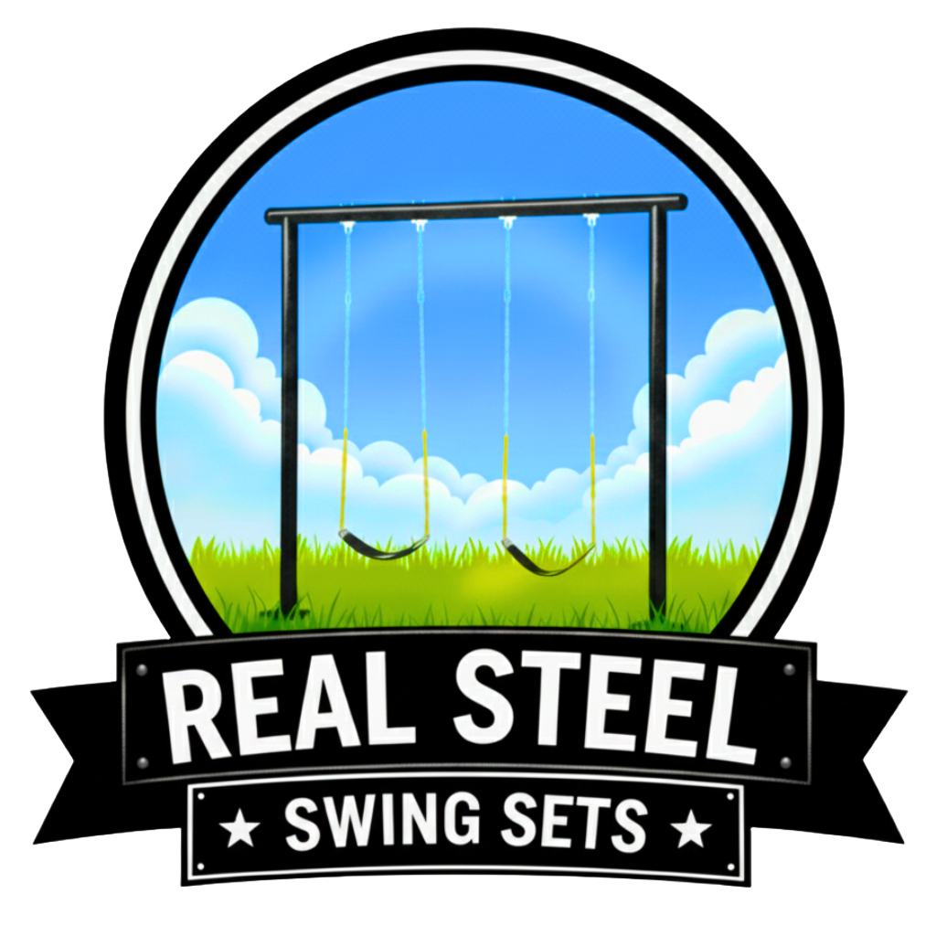 Logo of a swing set with three swings, under a bright blue sky with clouds and green grass, featuring the text 'Real Steel Swing Sets'