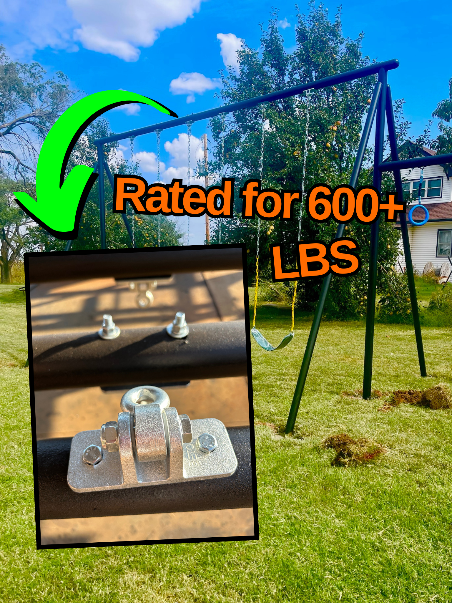 A backyard playground with a swing set against a blue sky and trees, featuring an inset close-up of the swing's hanging hardware and the text 'Rated for 600+ LBS' with a green arrow pointing to the inset.