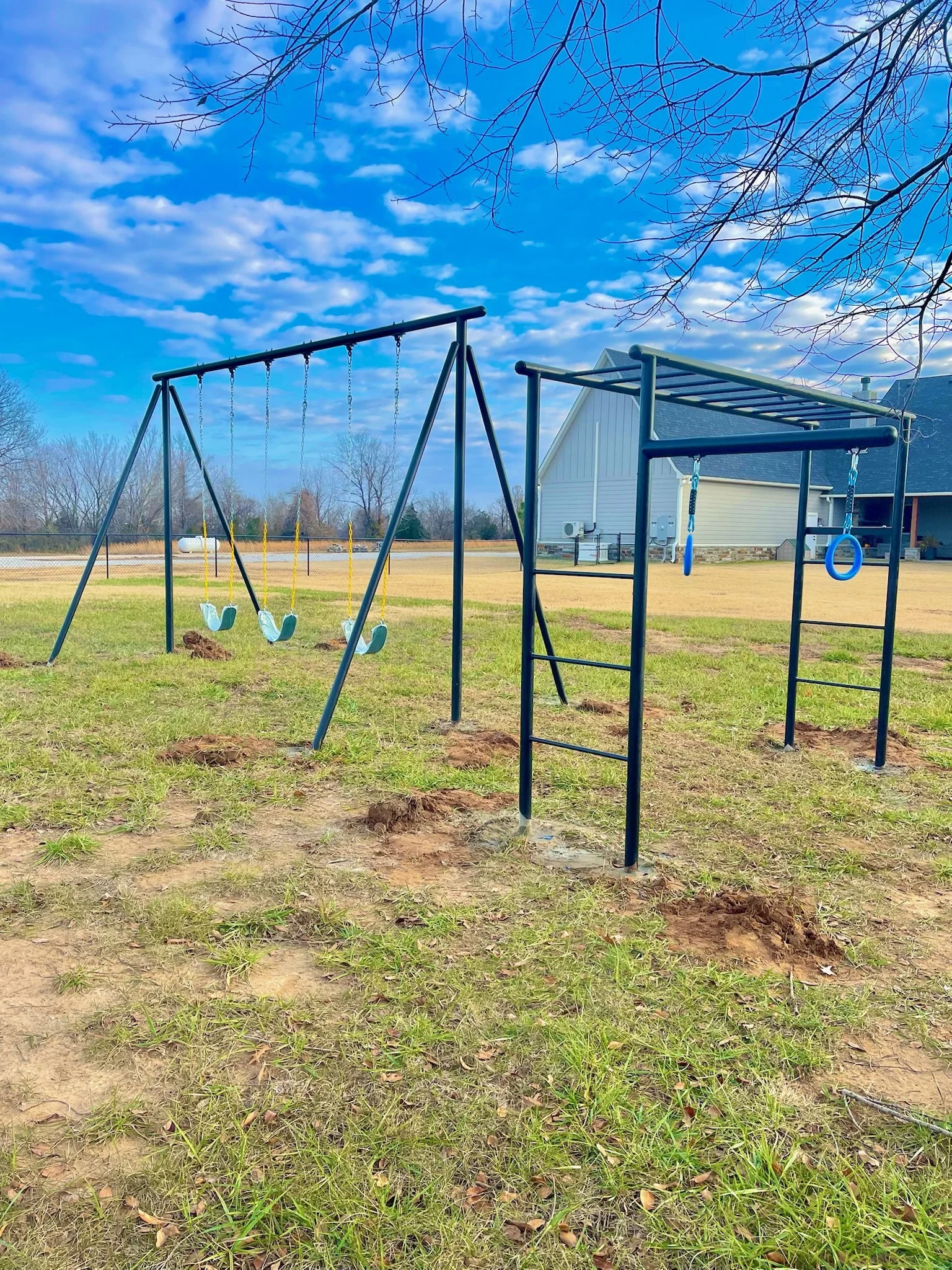 Playground with swings and gym equipment on grass yard, house and trees in background under partly cloudy sky.