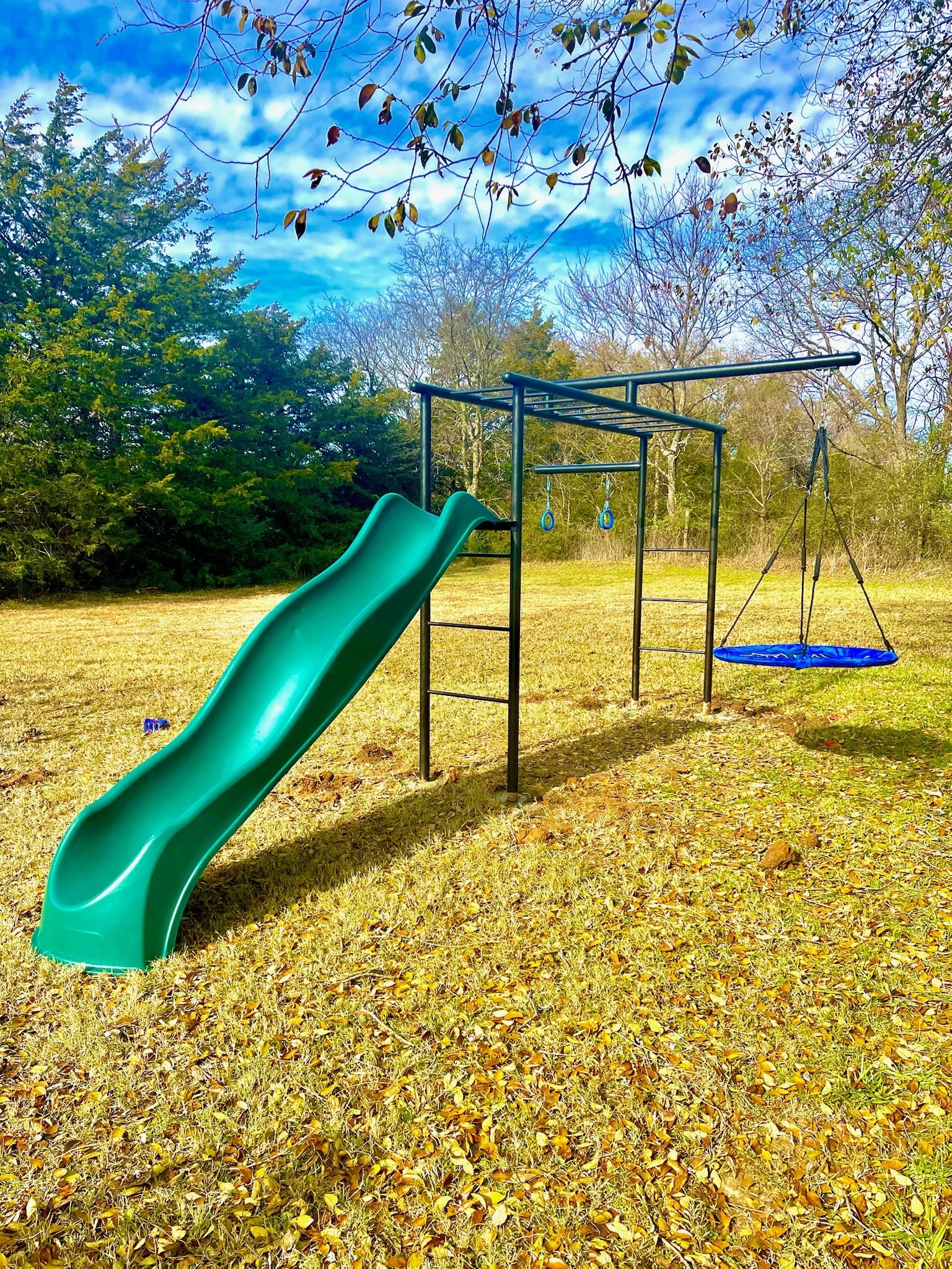 Outdoor playground with a green slide, blue swings, and a purple disc swing on a grassy field with trees and a partly cloudy sky.