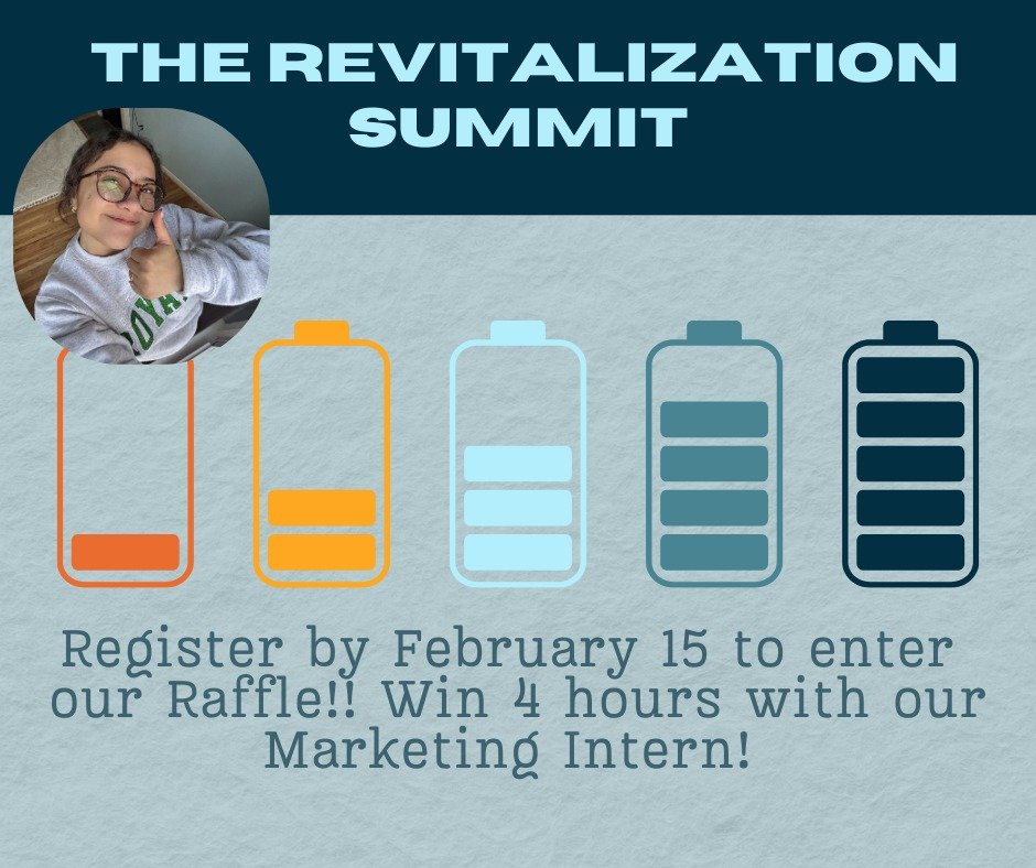 Register for The Revitalization Summit by February 15 and you could win 4 FREE hours with our Marketing Intern!
She can help you with:
🎥 Video content
📱 Social media strategy
✍️ Captions &amp; content planning
📅 Content organization

Don&rsquo;t m