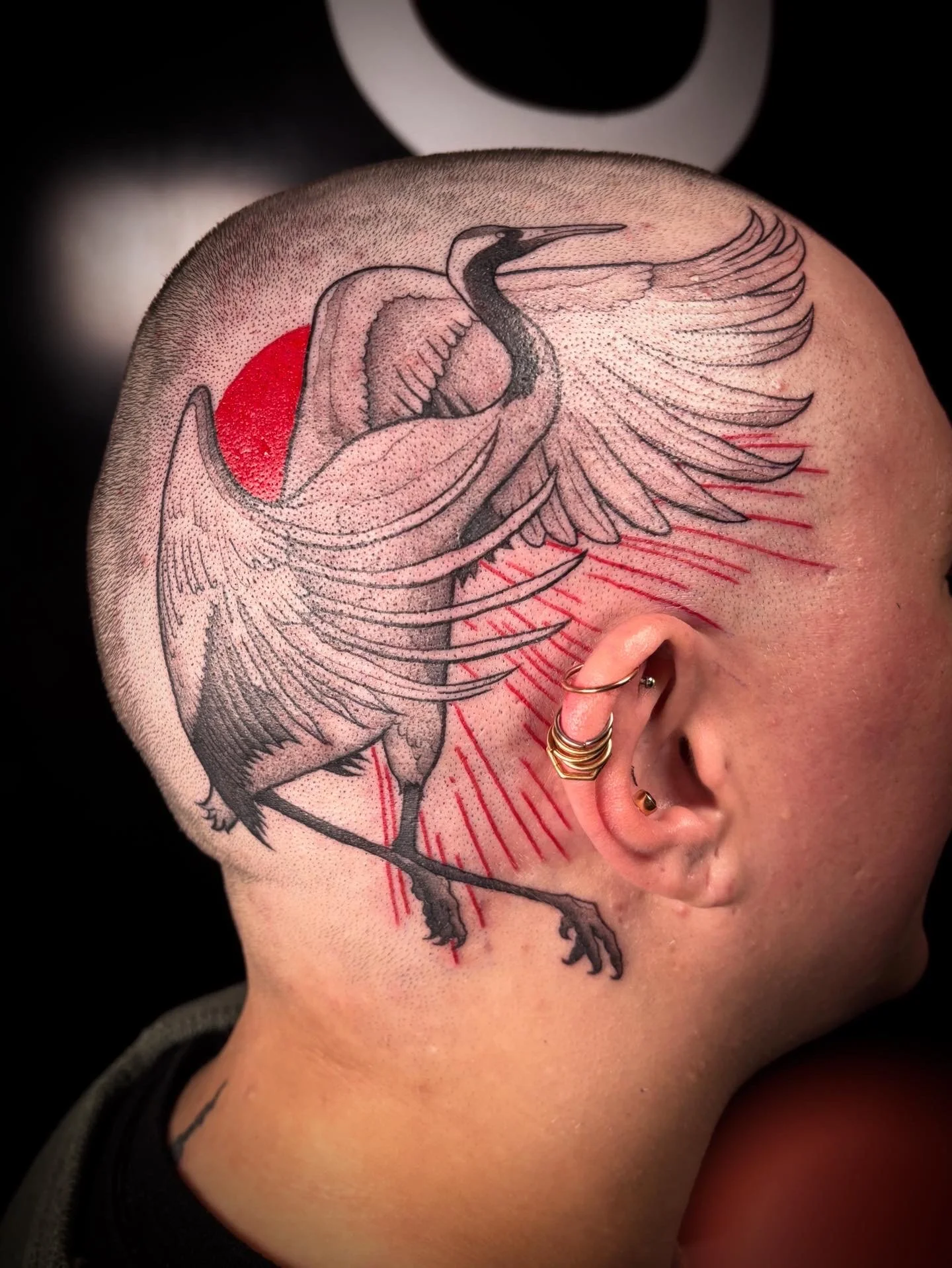 Tattoo of a bird with outstretched wings on the side of a person's head, featuring red sun and red lines around the neck.