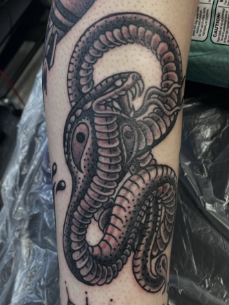 A tattoo of a coiled snake on a person's arm, with detailed scales and shading.