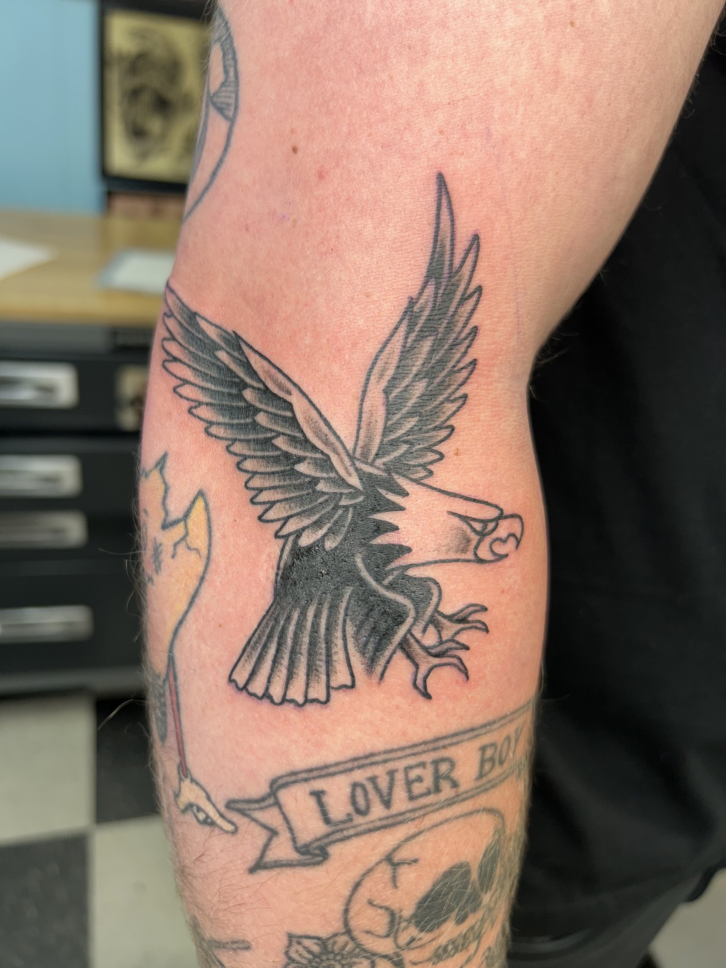 Tattoo of a bird, possibly an eagle, with outstretched wings on a person's arm.