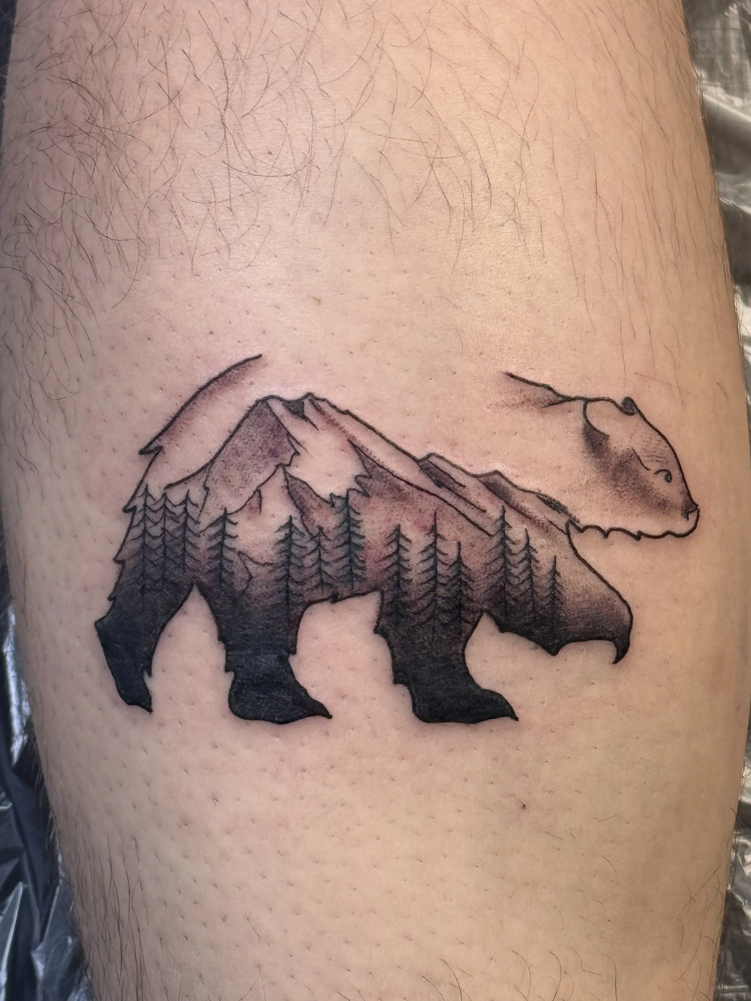 Tattoo of a mountain landscape with trees on a person's side.
