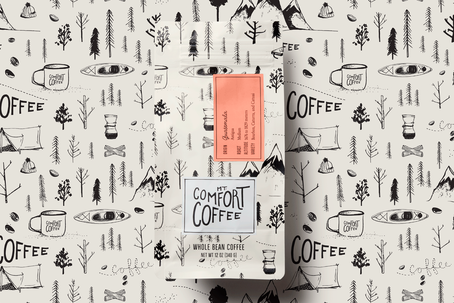 The Mt. Comfort Coffee packaging designed and illustrated by Nicole LaFave of @designwomb,