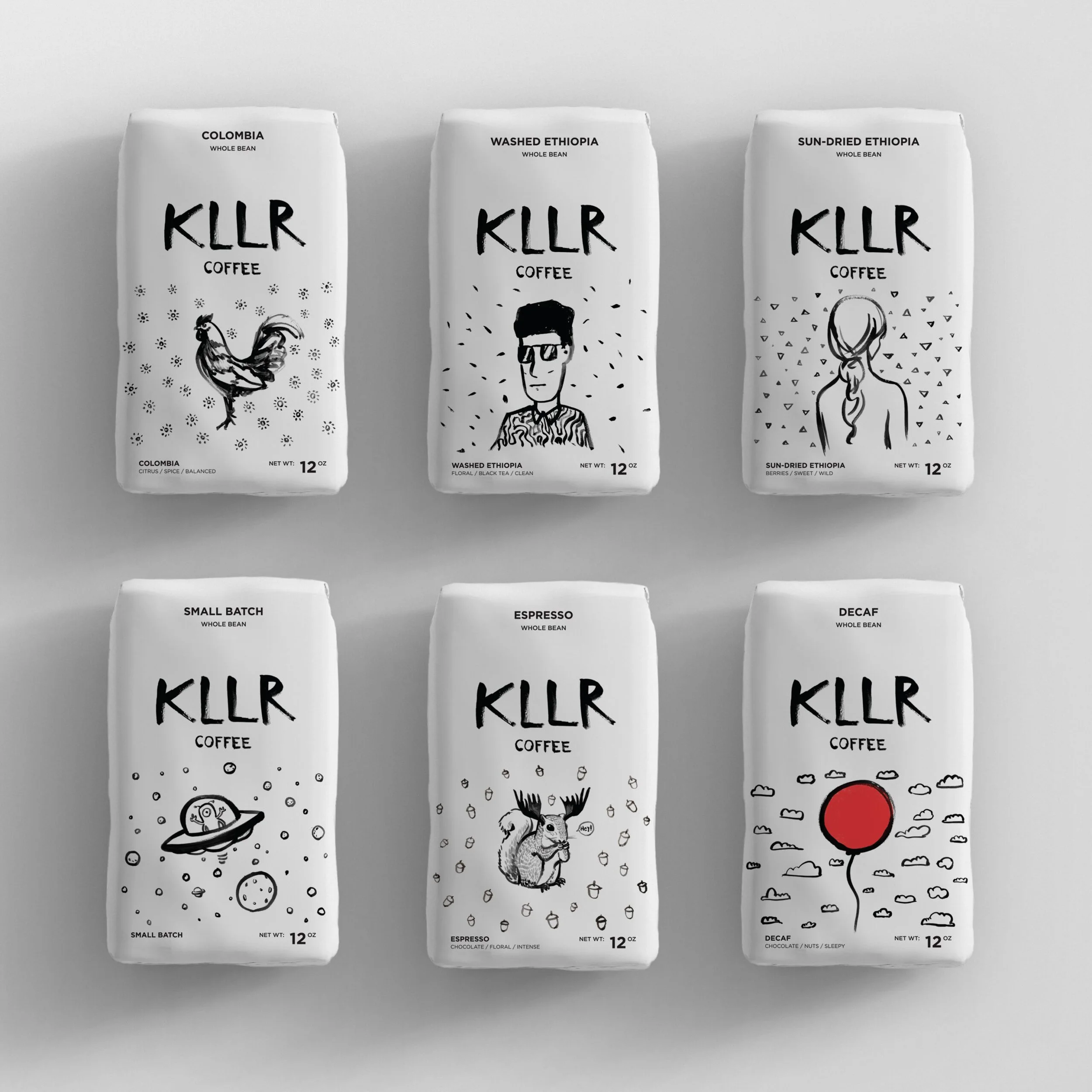 KLLR Coffee's distinctive silver-and-black packaging was designed and illustrated by local Oklahoma City artist Koon Vega of Creative Vega.
