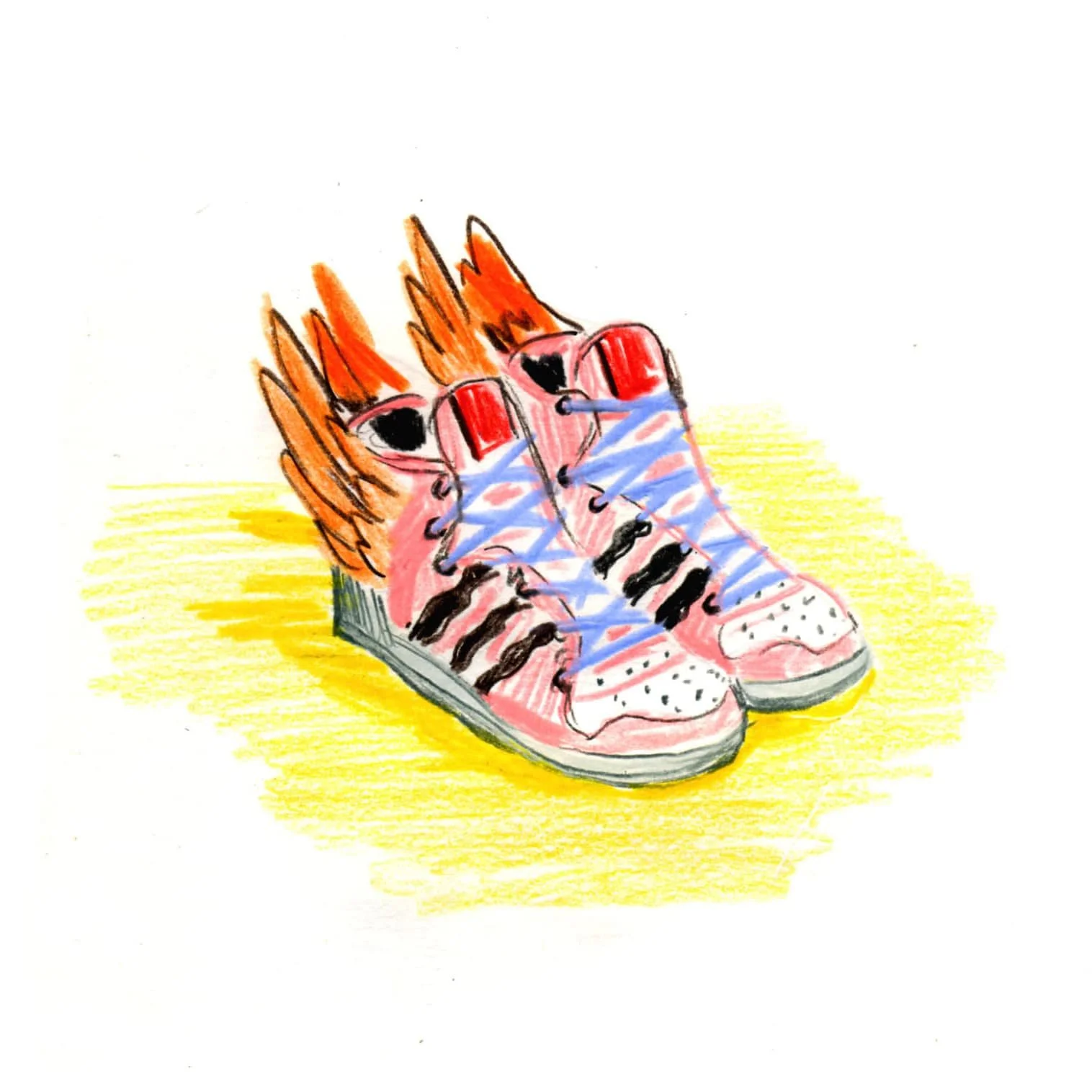 Illustration of pink sneakers with black stripes and orange flames