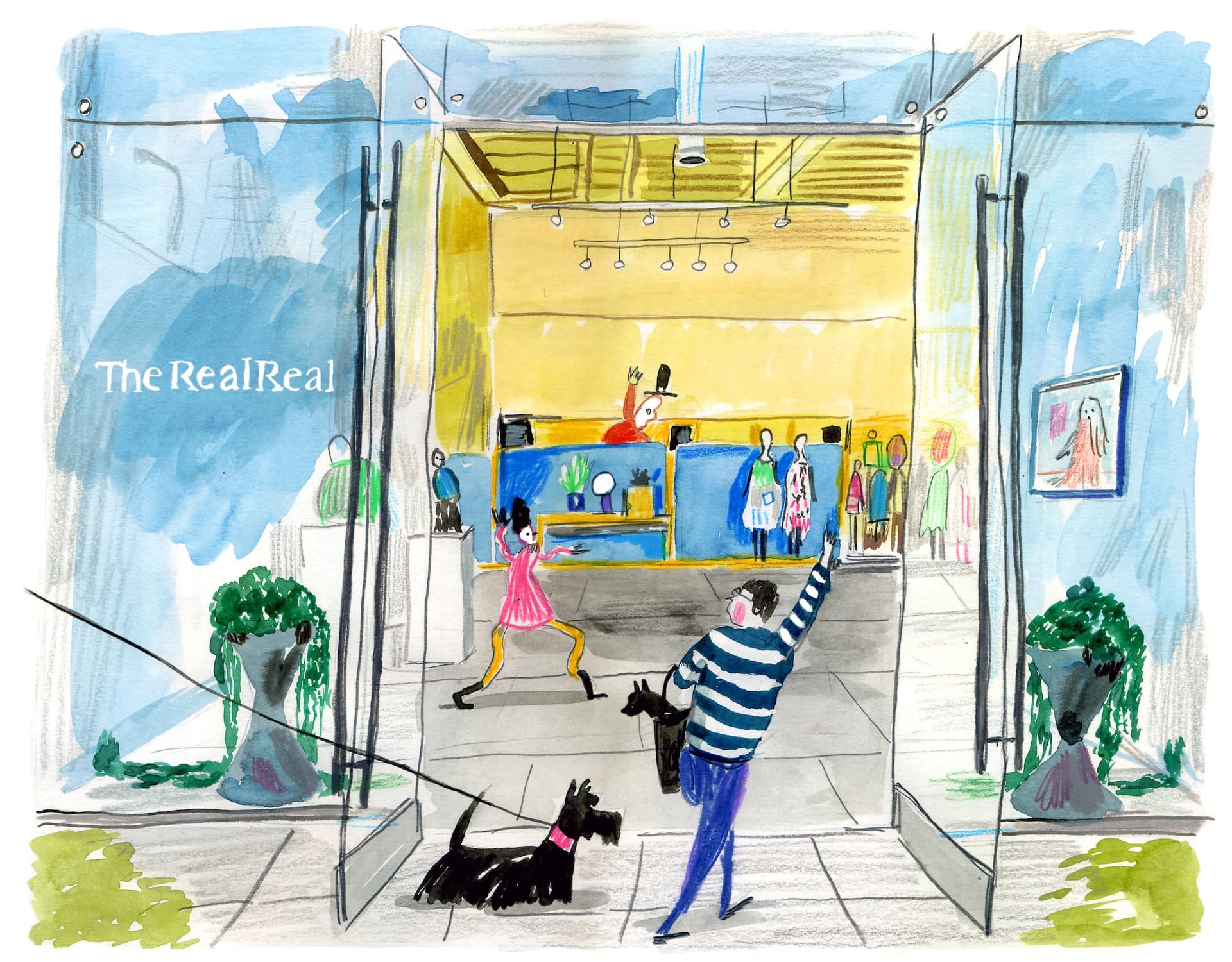 Illustration of The RealReal store entrance with people and dogs, featuring mannequins and greenery.