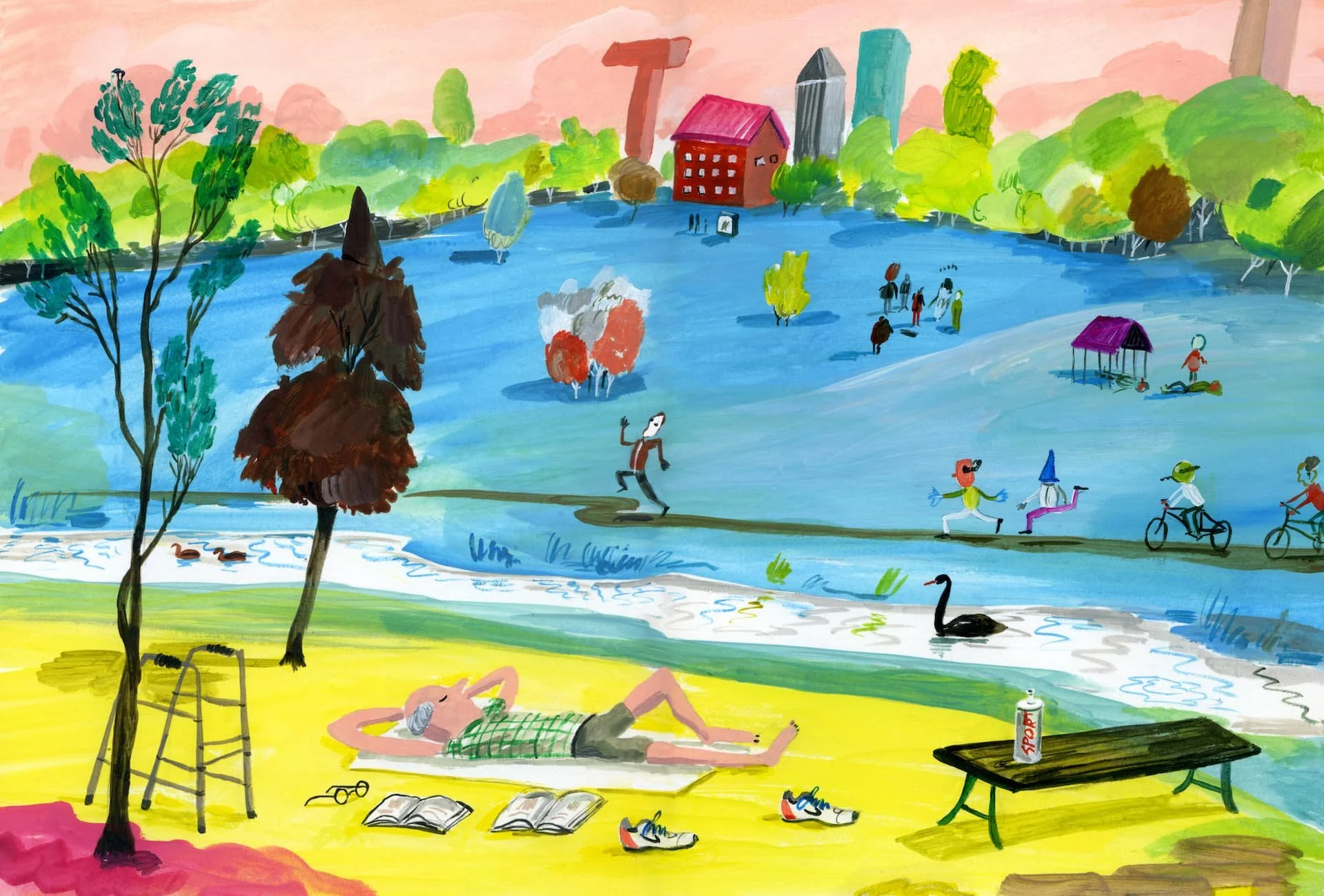 Colorful illustration of a park with people jogging, cycling, and relaxing near a river, surrounded by trees and city buildings in the background. A person is lying on the grass with a book, shoes, and a beverage nearby.