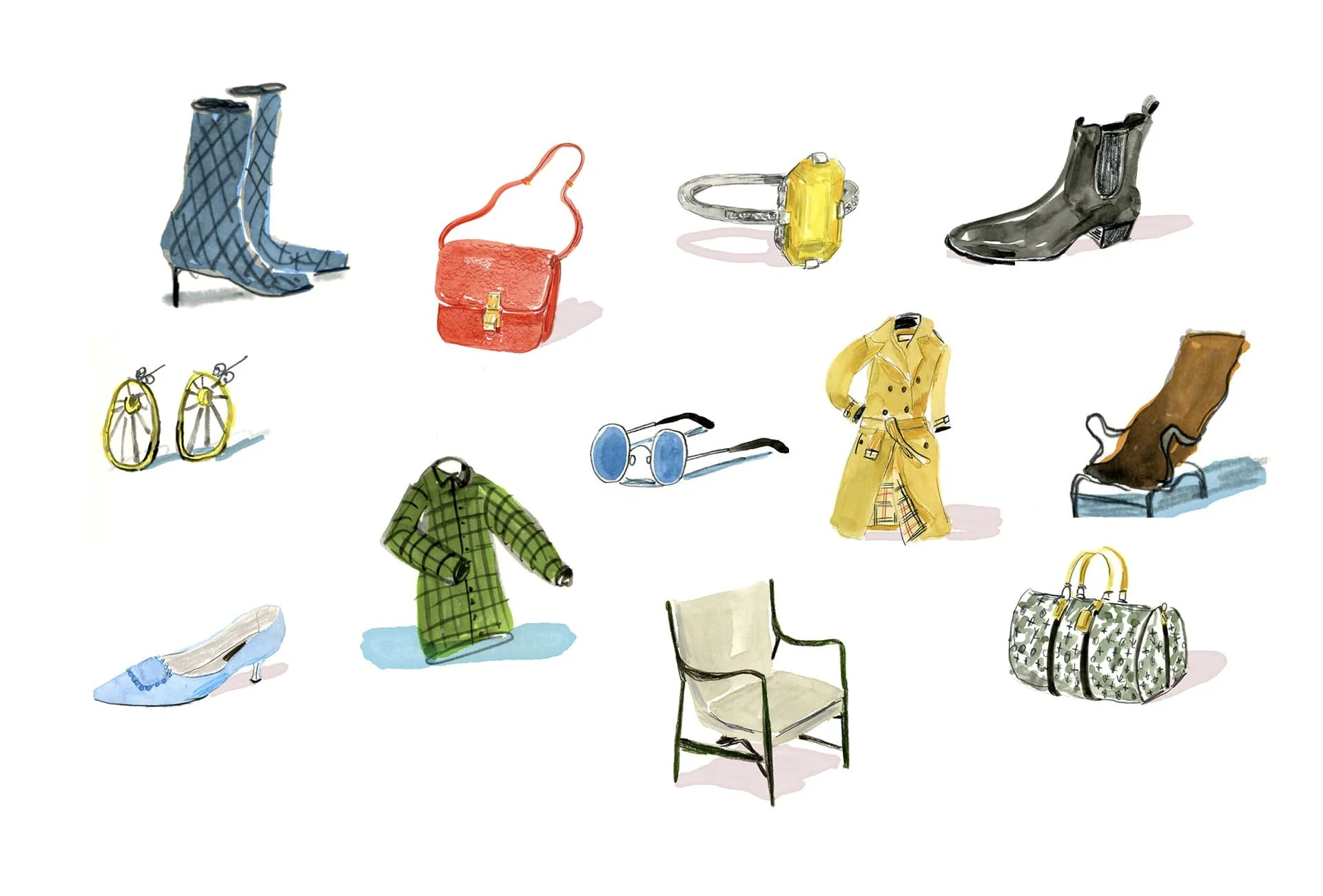 Illustration featuring fashion and home items including boots, a red handbag, yellow ring, black shoes, trench coat, sunglasses, green coat, blue shoe, earrings, chair, and a patterned duffel bag.