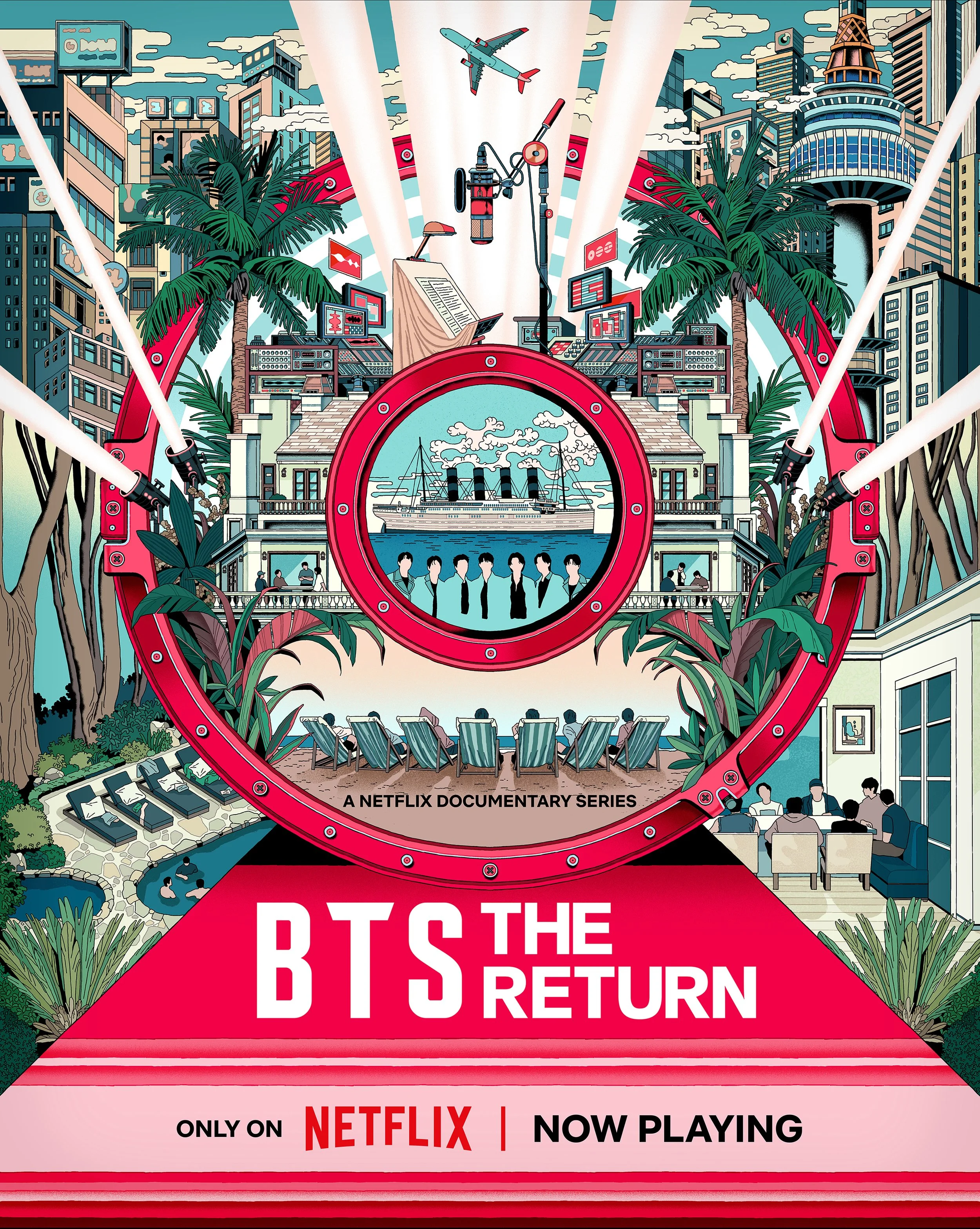 Official Netflix poster for BTS: The Return, illustrated by Jisu Choi. A vibrant, detailed South Korean art style depicting the seven members of BTS transitioning from military service to the creative studio for their album Arirang.