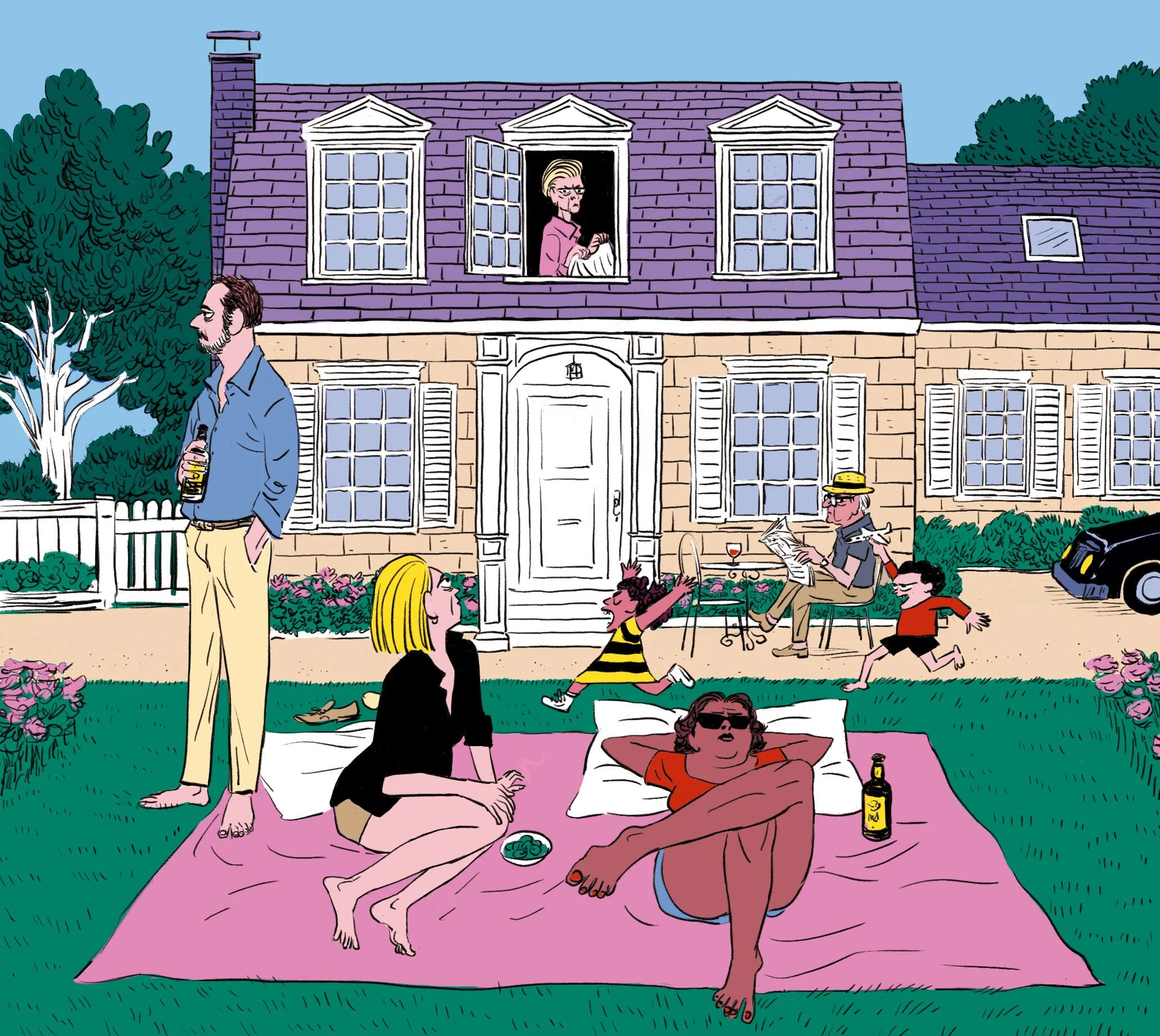 Hamptons family summer house illustration by Javi Aznarez for New York Magazine’s Summer 2026 Hamptons issue.