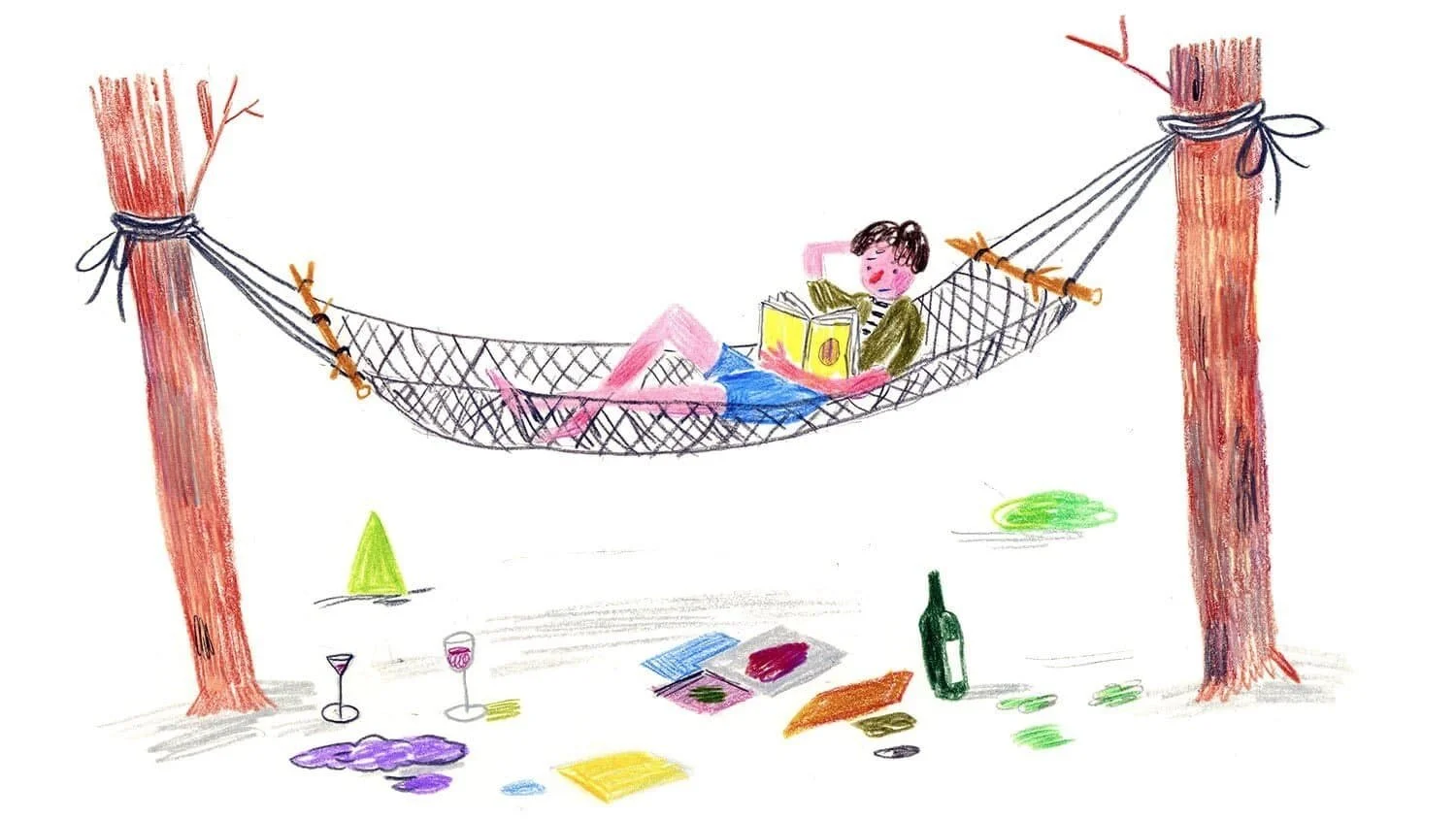 Illustration of a person reading in a hammock between two trees, with books, wine glasses, and a bottle on the ground.