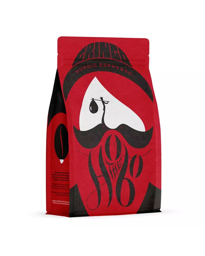 Minimalist coffee packaging for Gringo Nordic Hobo blend featuring bold graphic illustration by Noma Bar.