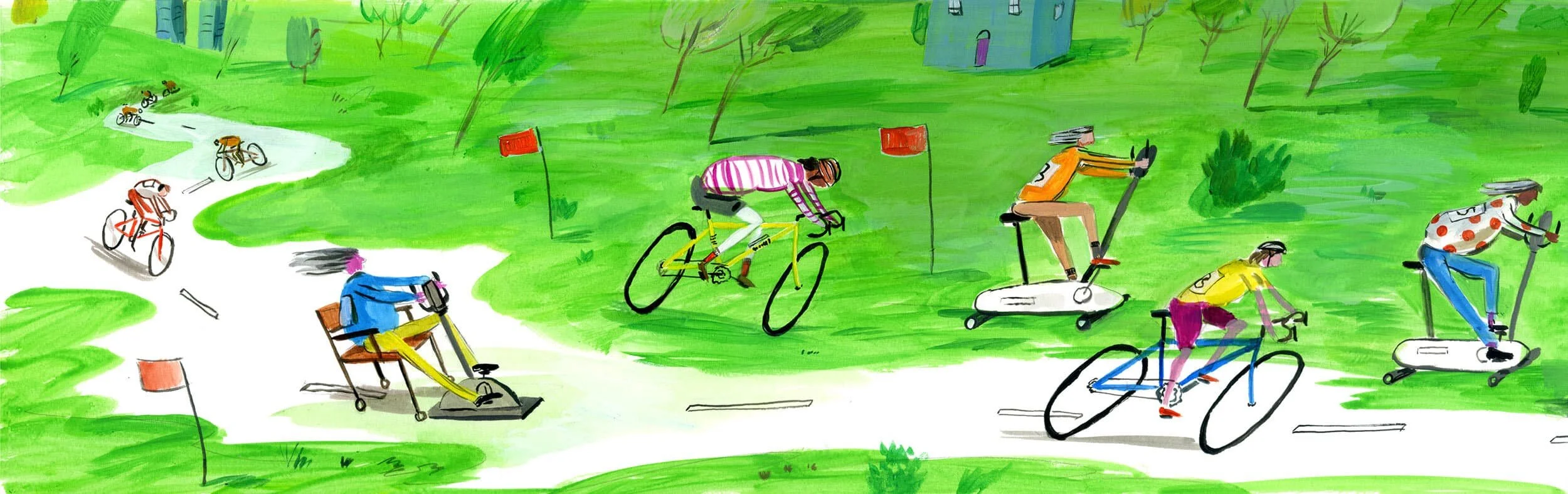 Colorful illustration of people racing various bicycles and exercise equipment on a winding path with green scenery and trees.
