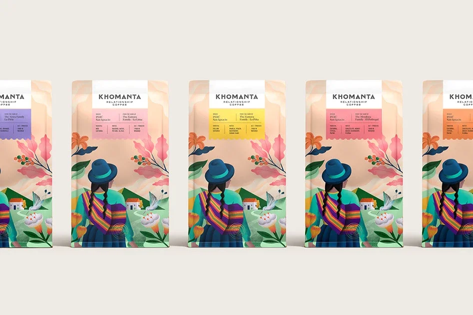 Khomanta Coffee's vibrant, culturally rich packaging — featuring hummingbirds, Andean flowers, and the traditional manta blanket — was designed and illustrated by Leeds-based, Lima-rooted graphic designer Alejandro Gavancho