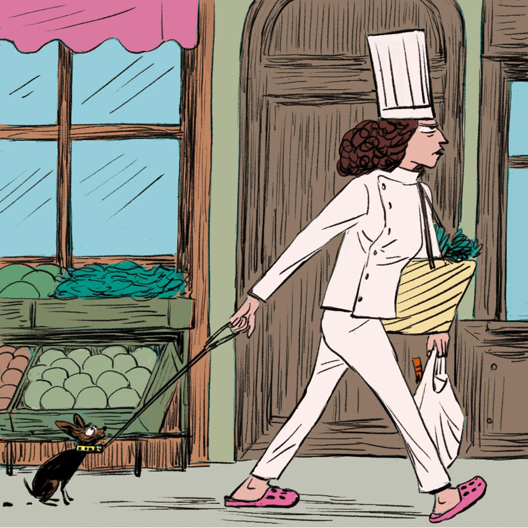 Hamptons private chef walking a small dog with groceries, illustrated by Javi Aznarez for New York Magazine’s Summer 2026 Hamptons issue.
