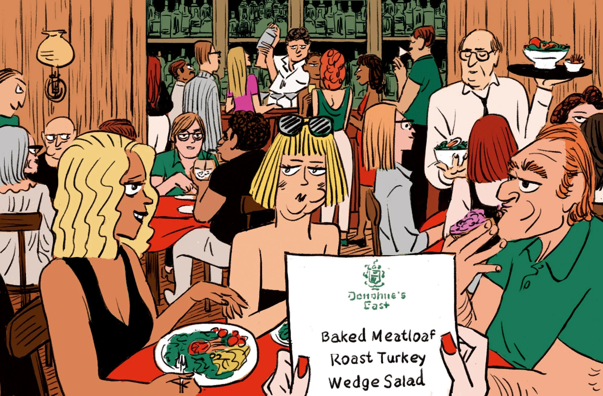 Hamptons restaurant scene illustrated by Javi Aznarez for New York Magazine, capturing summer dining, conversation and Donohues East Hampton social life.