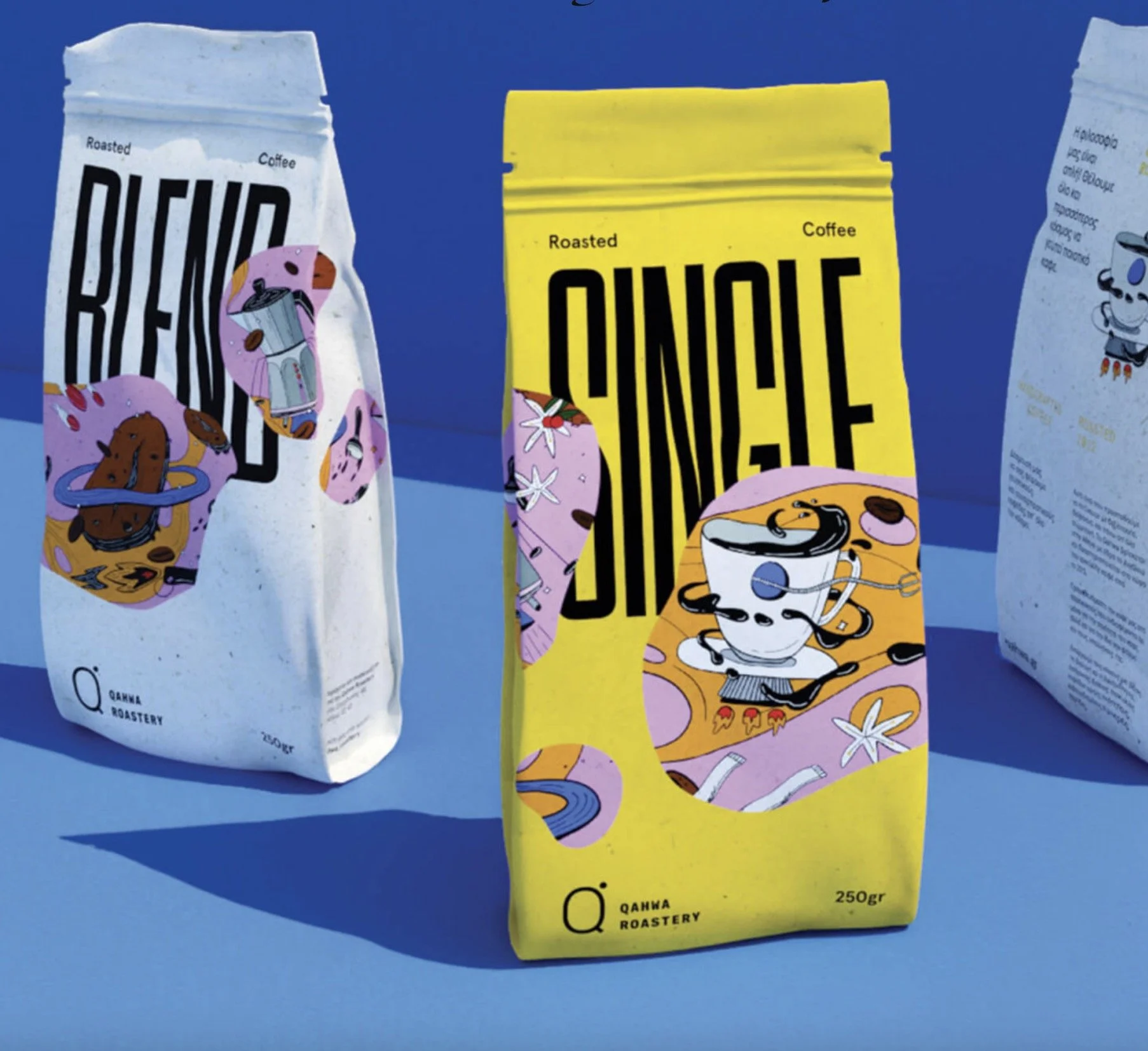 Vibrant Qahwa Roastery packaging with illustrations and funky pop illustrations