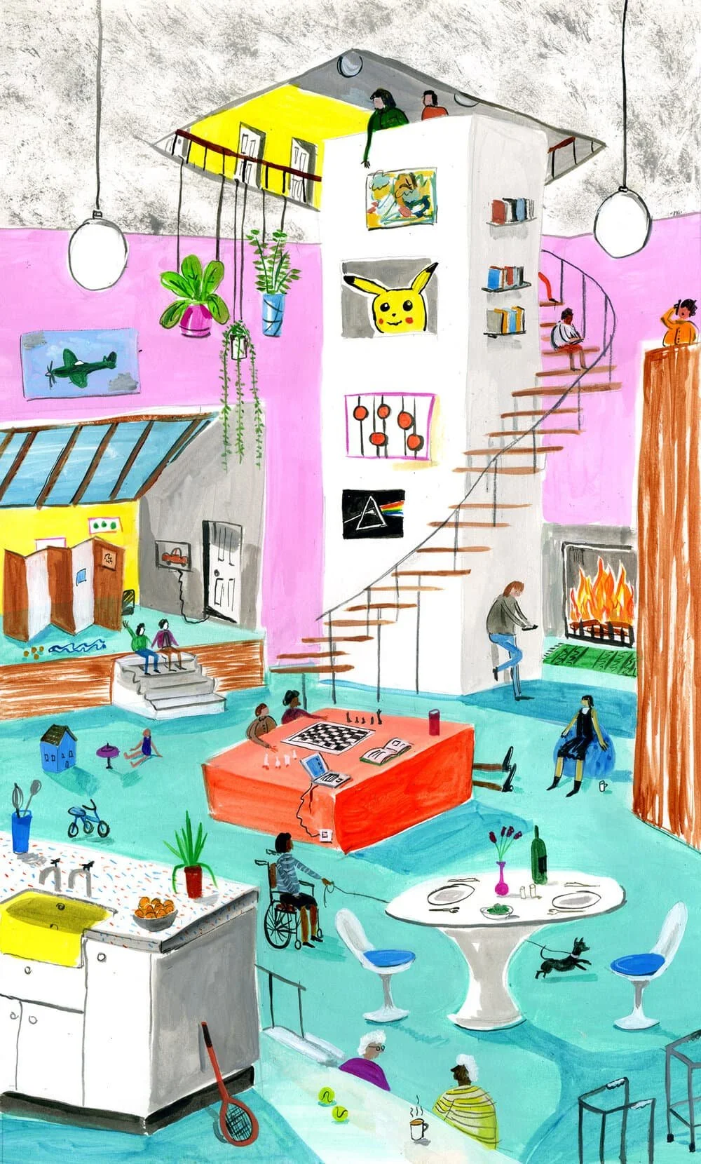 Colorful illustration of a multi-story living space with people engaged in various activities. The interior features a spiral staircase, plants, a large dining table, and a vibrant pink wall. Various artworks hang on the walls, and a person in a whee