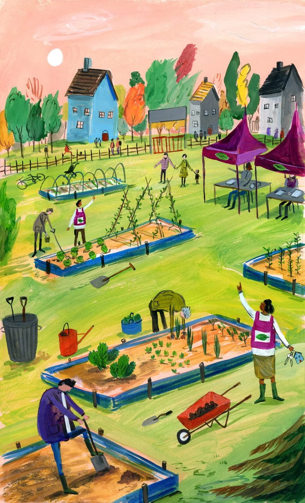 Illustration of a community garden with people planting and tending to raised beds. Several individuals are engaged in gardening activities, and there are nearby tents and tables. The background features houses, trees, and a setting sun.