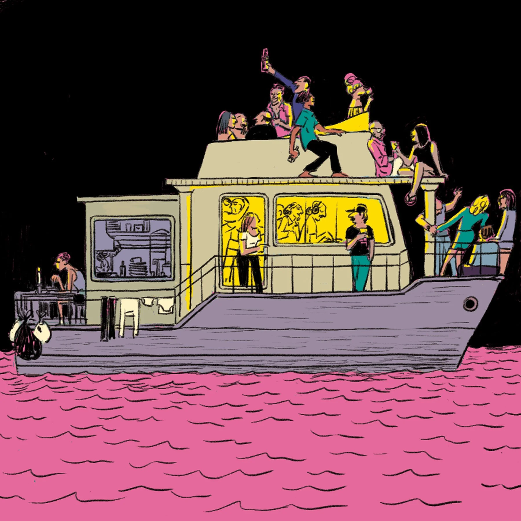 Bartenders living on a fishing boat in the Hamptons, illustrated by Javi Aznarez for New York Magazine’s Summer 2026 Hamptons issue.