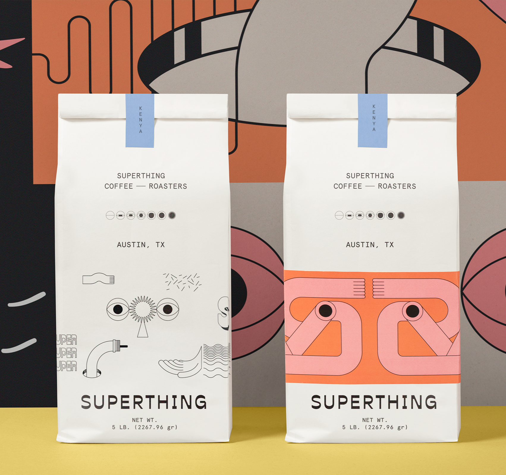 Surrealist coffee bag design for Superthing Coffee by Futura featuring cycloptic creatures and abstract Dalí-inspired portals.