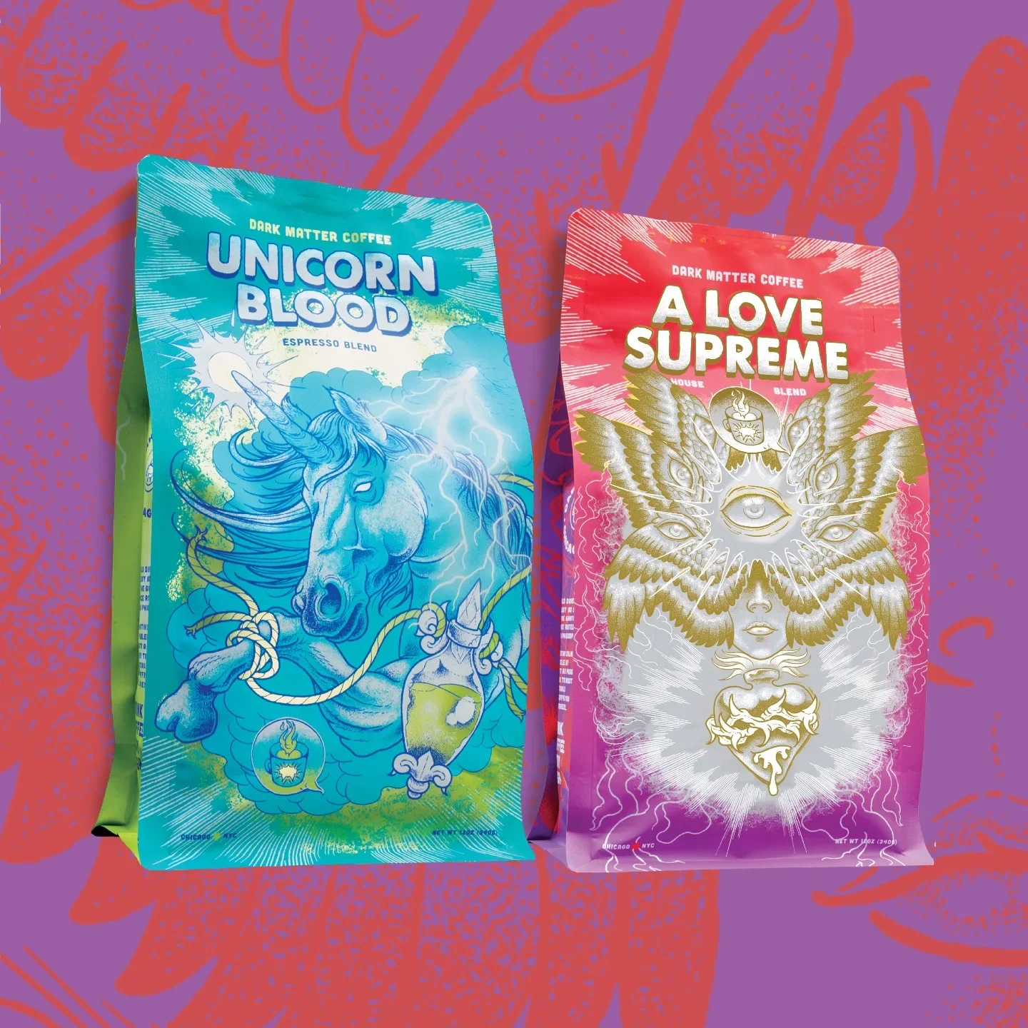 Punk and occult-themed coffee bag illustration for Dark Matter Coffee illustrations by Raul Urias.