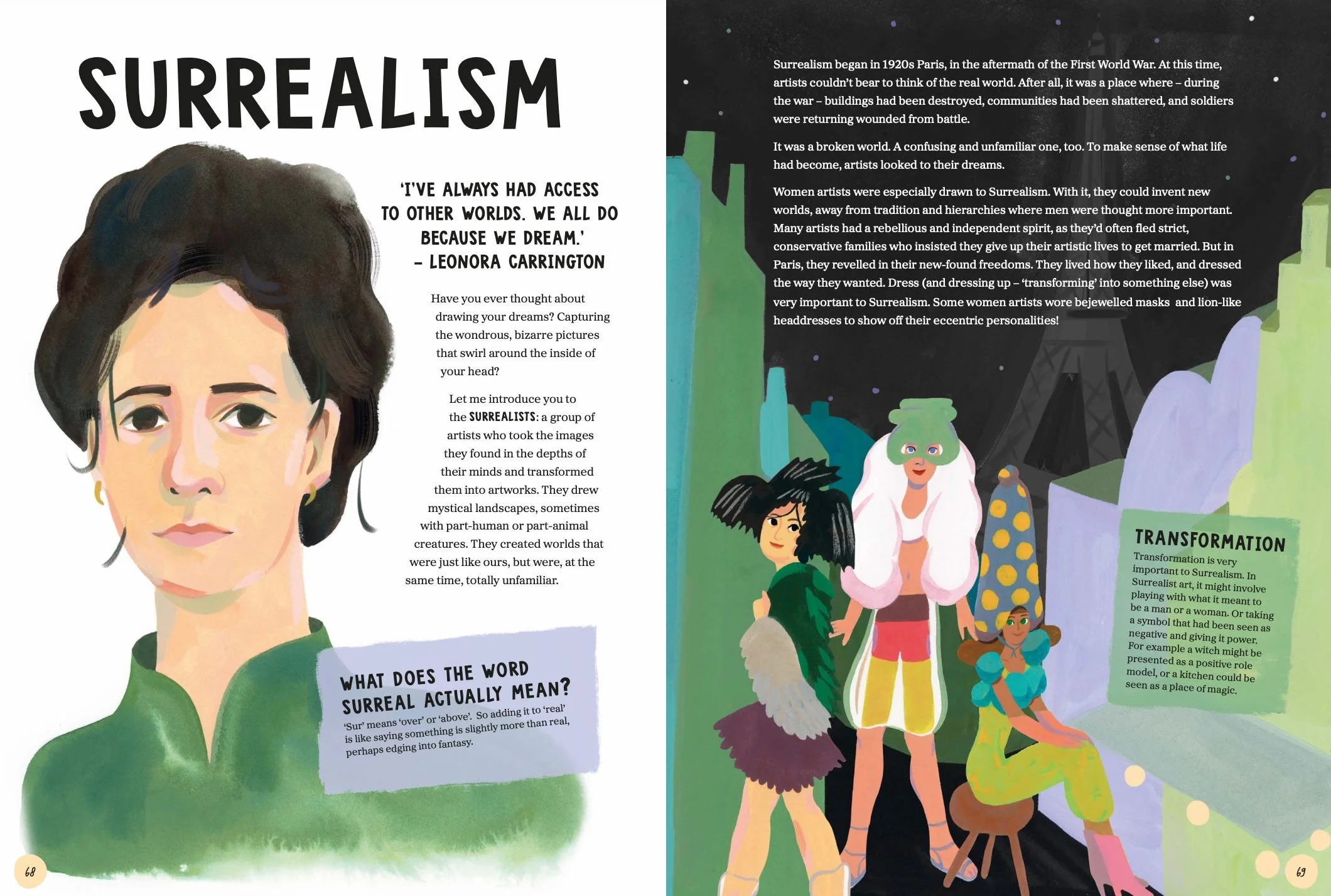 An illustrated two-page spread about Surrealism, featuring a portrait of Leonora Carrington on the left and a group of artists in masks and elaborate costumes on the right.