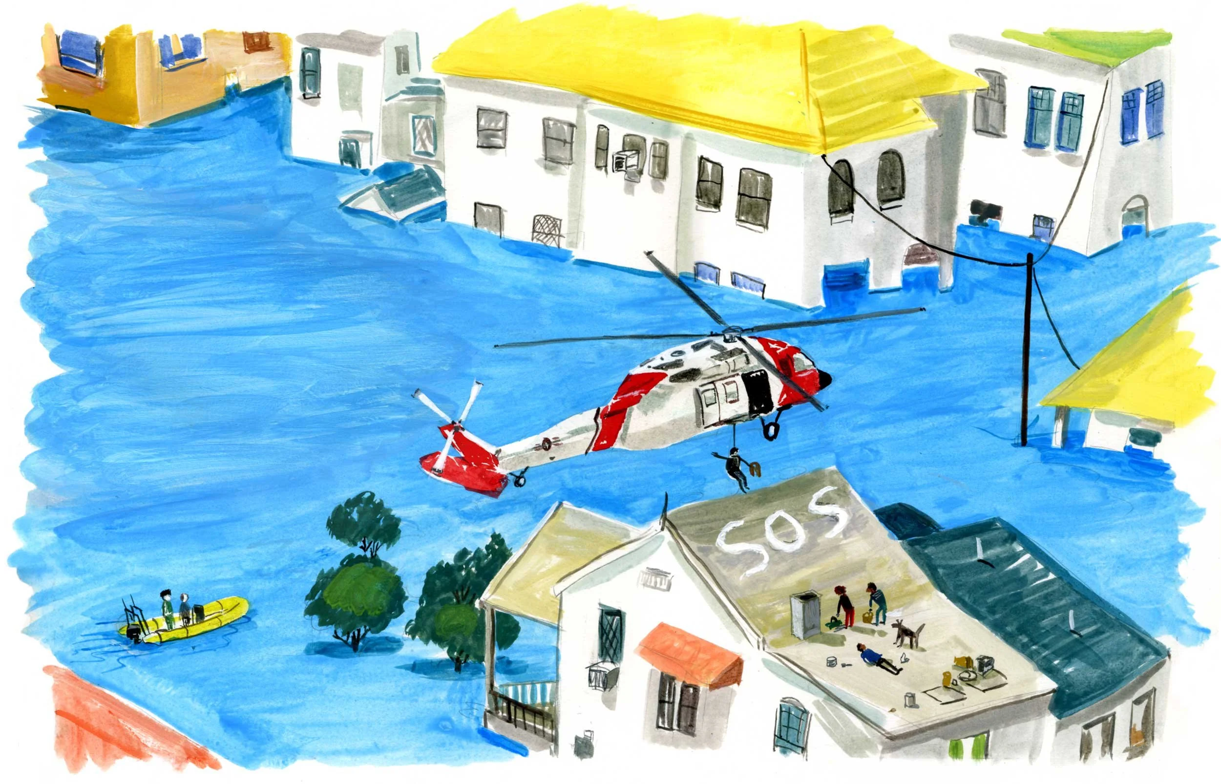 Illustration of a flooded town with a helicopter rescuing people from rooftops. Houses are partially submerged in water, with "SOS" written on one roof. A rescue boat is in the water.