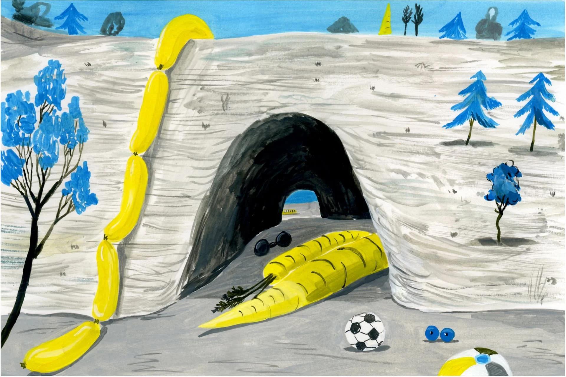 Yellow vegetables shaped like squash and carrots near a cave entrance with a soccer ball and trees with blue foliage.