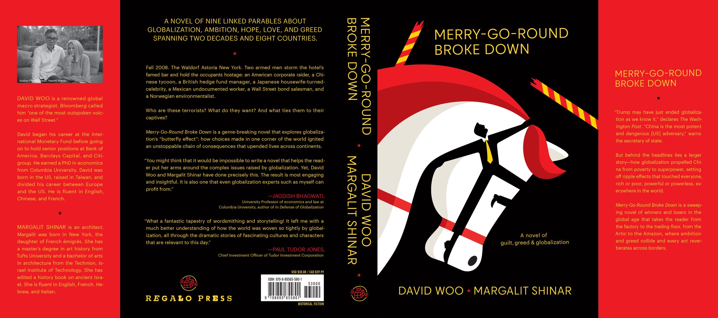 Noma Bar’s full wraparound book cover illustration for Merry-Go-Round Broke Down, a David Woo globalization novel published by Regalo Press