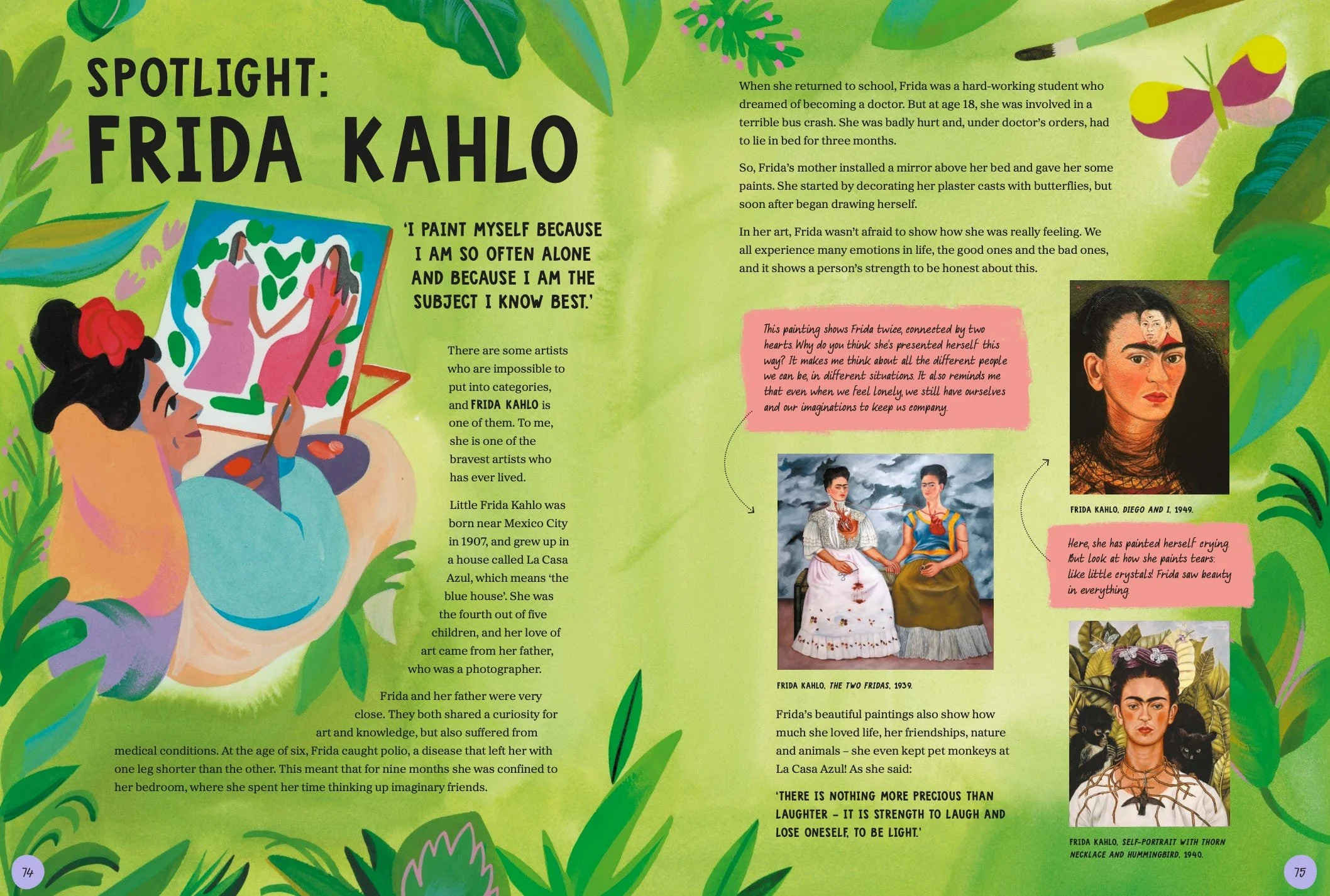 An illustrated magazine spread on Frida Kahlo features tropical art and text about her life, accident, and emotions, providing deeper meaning to her self-portraits.