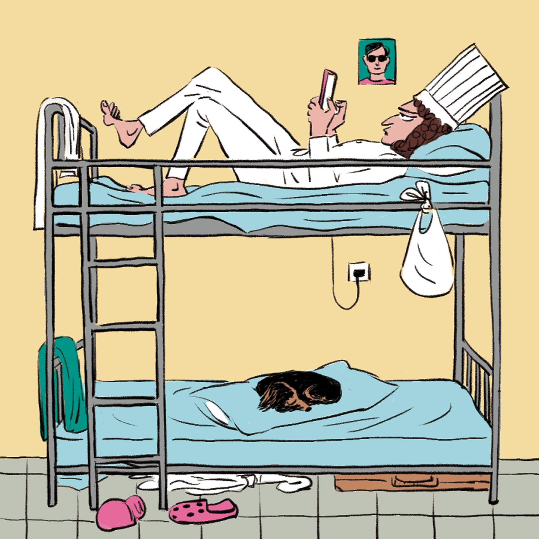 Hamptons seasonal worker sleeping in a bunk bed, illustrated by Javi Aznarez for New York Magazine’s Summer 2026 Hamptons issue.