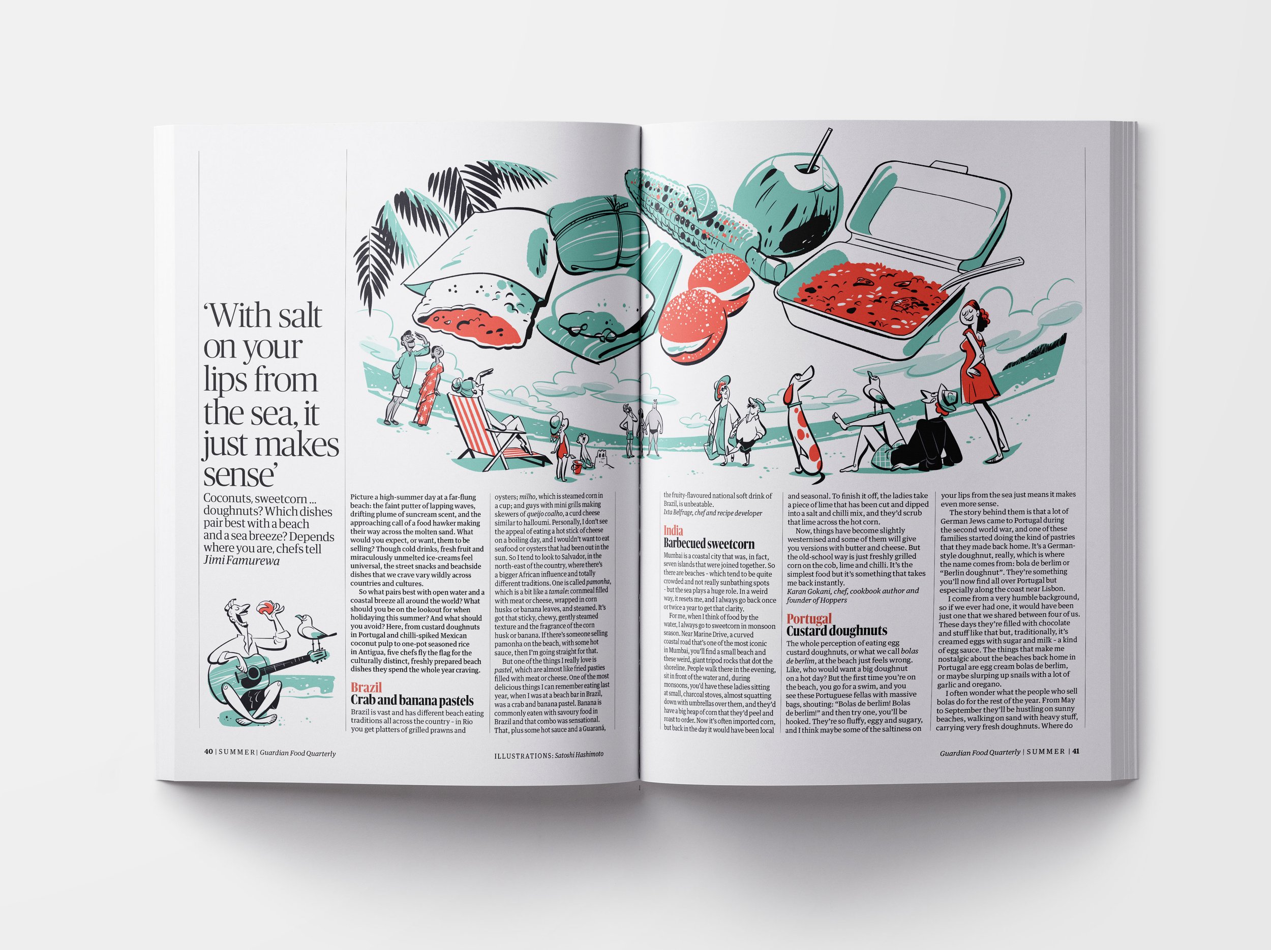 Satoshi Hashimoto editorial DPS spread illustration for Guardian Food Quarterly beach food article by Jimi Famurewa