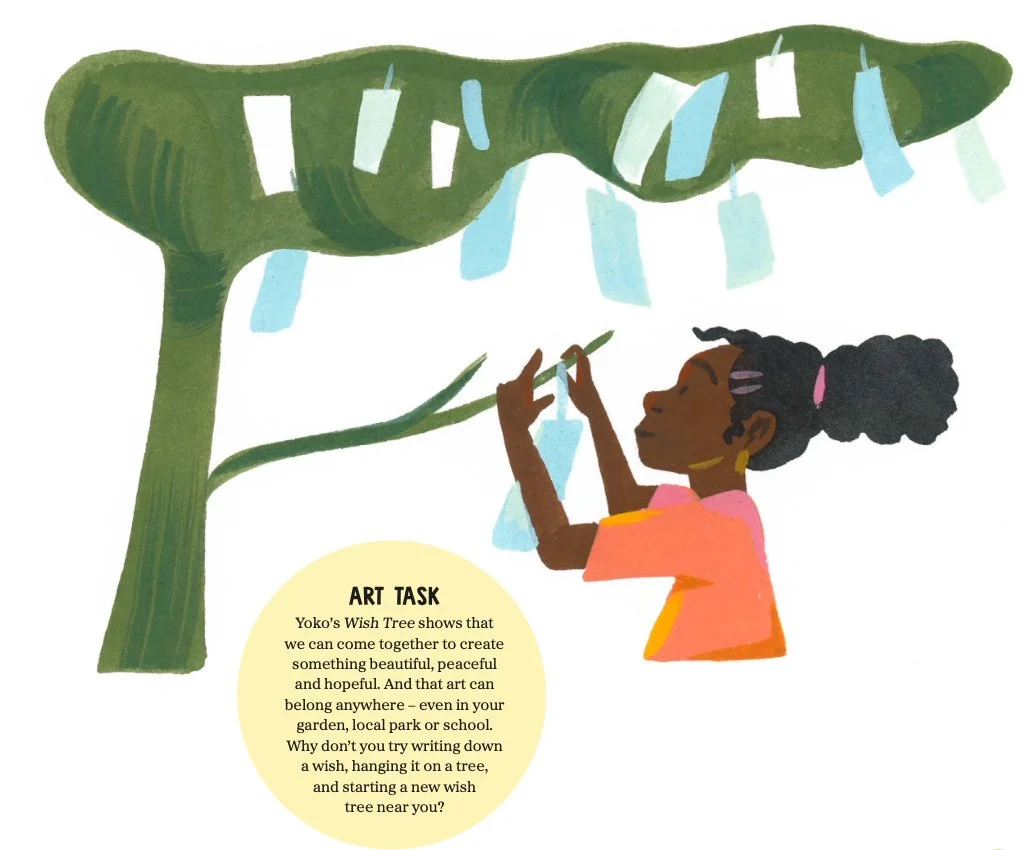 An illustrated magazine page features a girl in an orange shirt hanging a paper wish on a large green Yoko Ono Wish Tree, which is already adorned with many other wishes, and an art task text block.