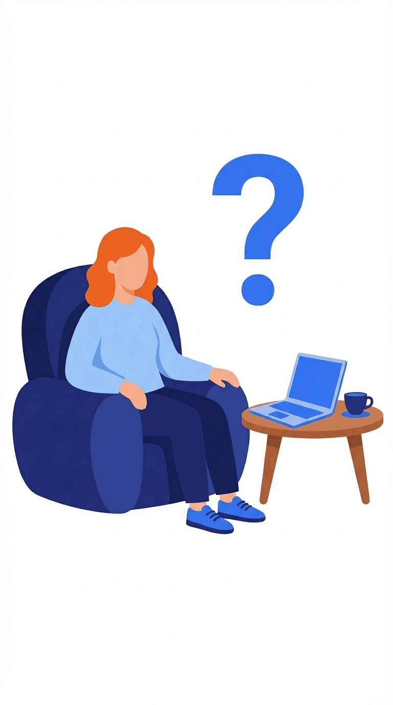 Illustration of a woman with red hair sitting in a blue armchair, with a laptop and a mug on a small wooden table next to her, and a large blue question mark behind her.