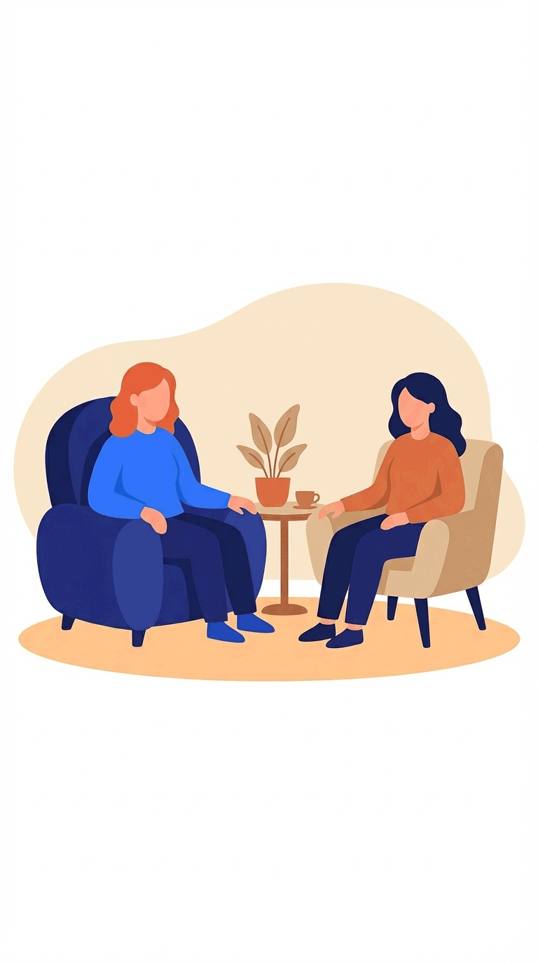 Two women sit and talk in a room, separated by a small table with a potted plant and a cup, illustrated in a flat, stylized art style.
