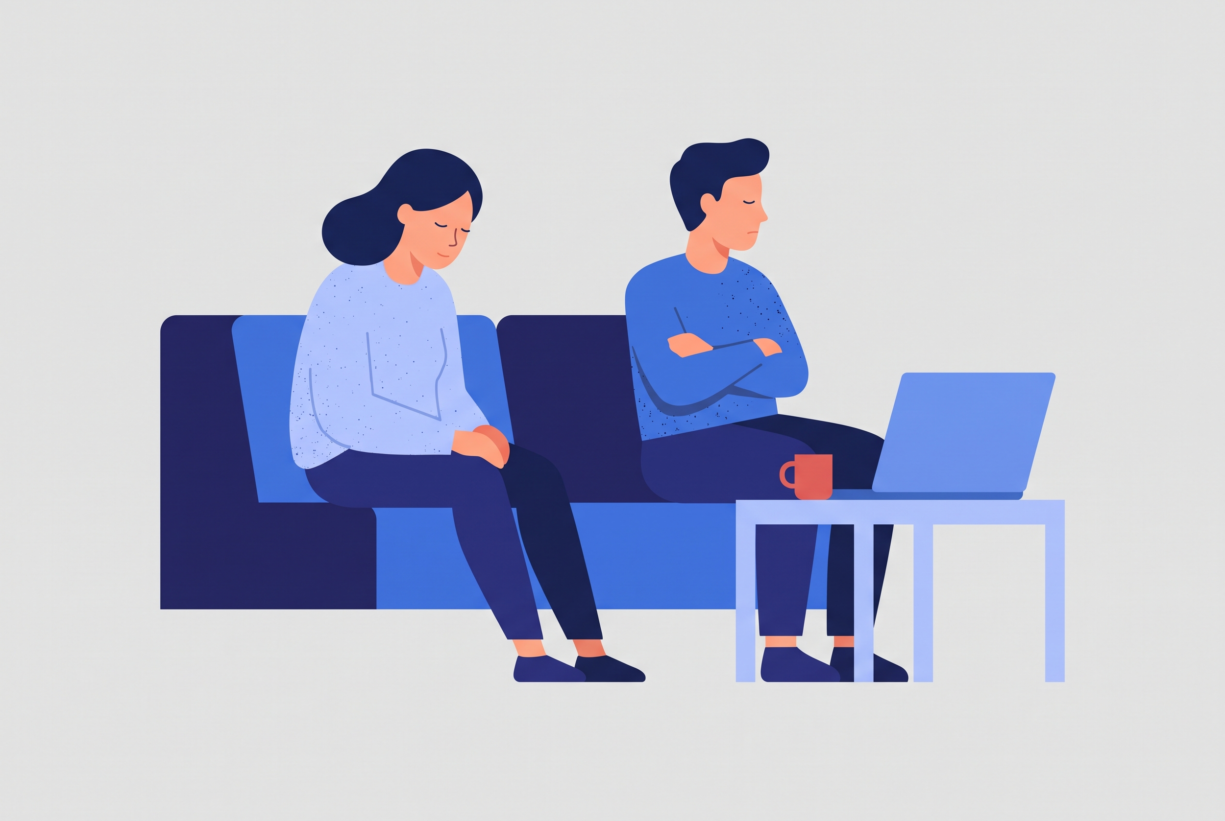 A couple sitting apart on a sofa during an online couples therapy session after an affair