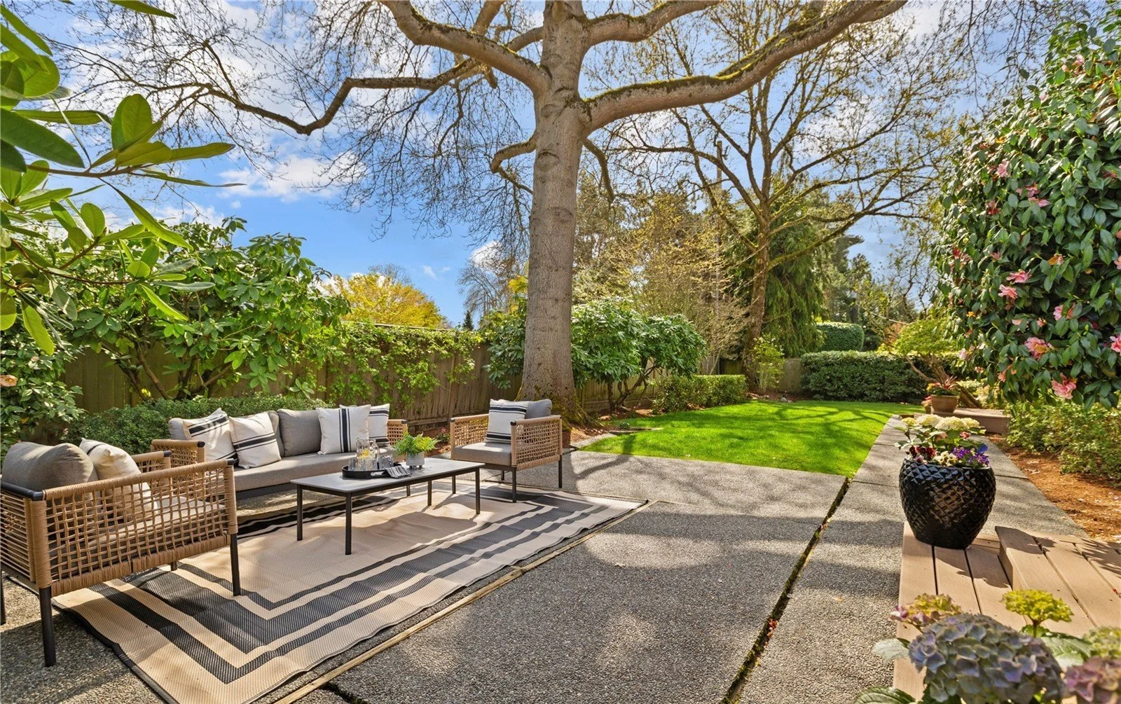 A backyard patio with outdoor seating, including a sofa and chairs with cushions, a coffee table, and potted plants, surrounded by lush greenery and large trees, under a partly cloudy sky.