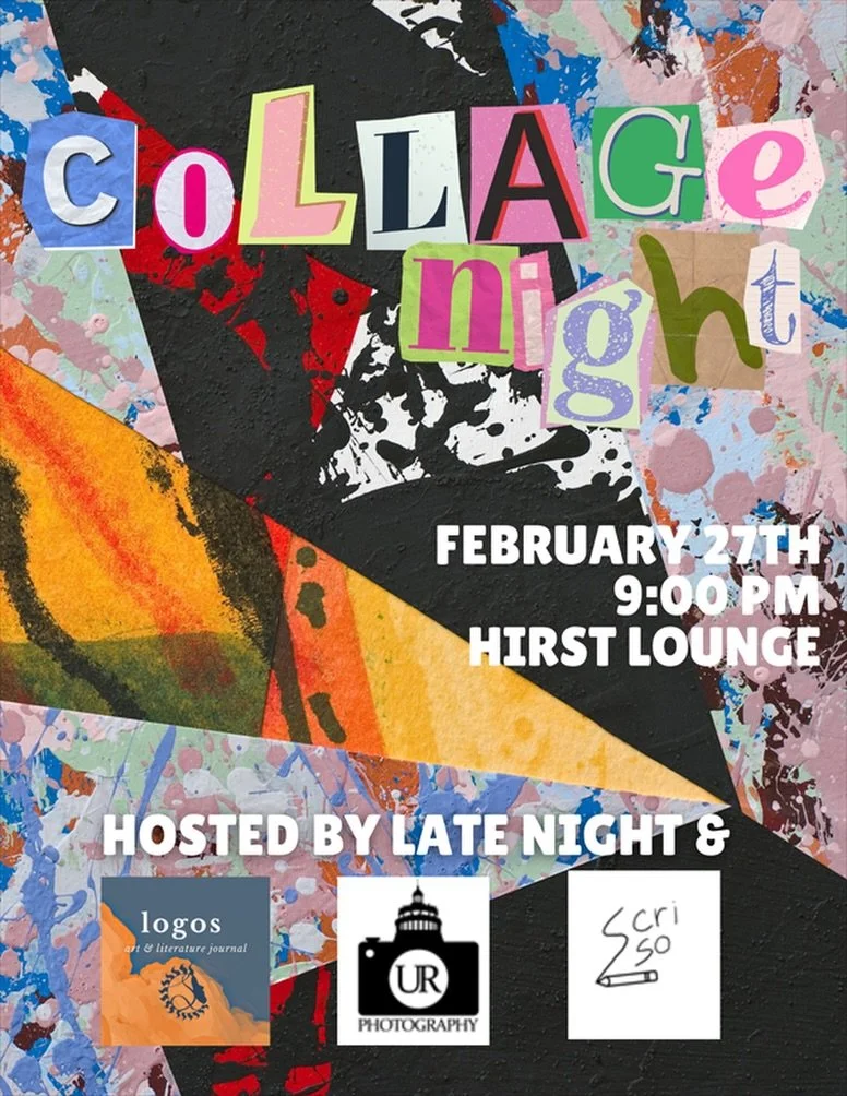 We&rsquo;re having another Collage Party ✨ in collaboration with UR Late Night, Scribbling Society, and UR Photography. Come by on Friday to Hirst Lounge and bring a friend and relax while you make a collage or two! See you soon!