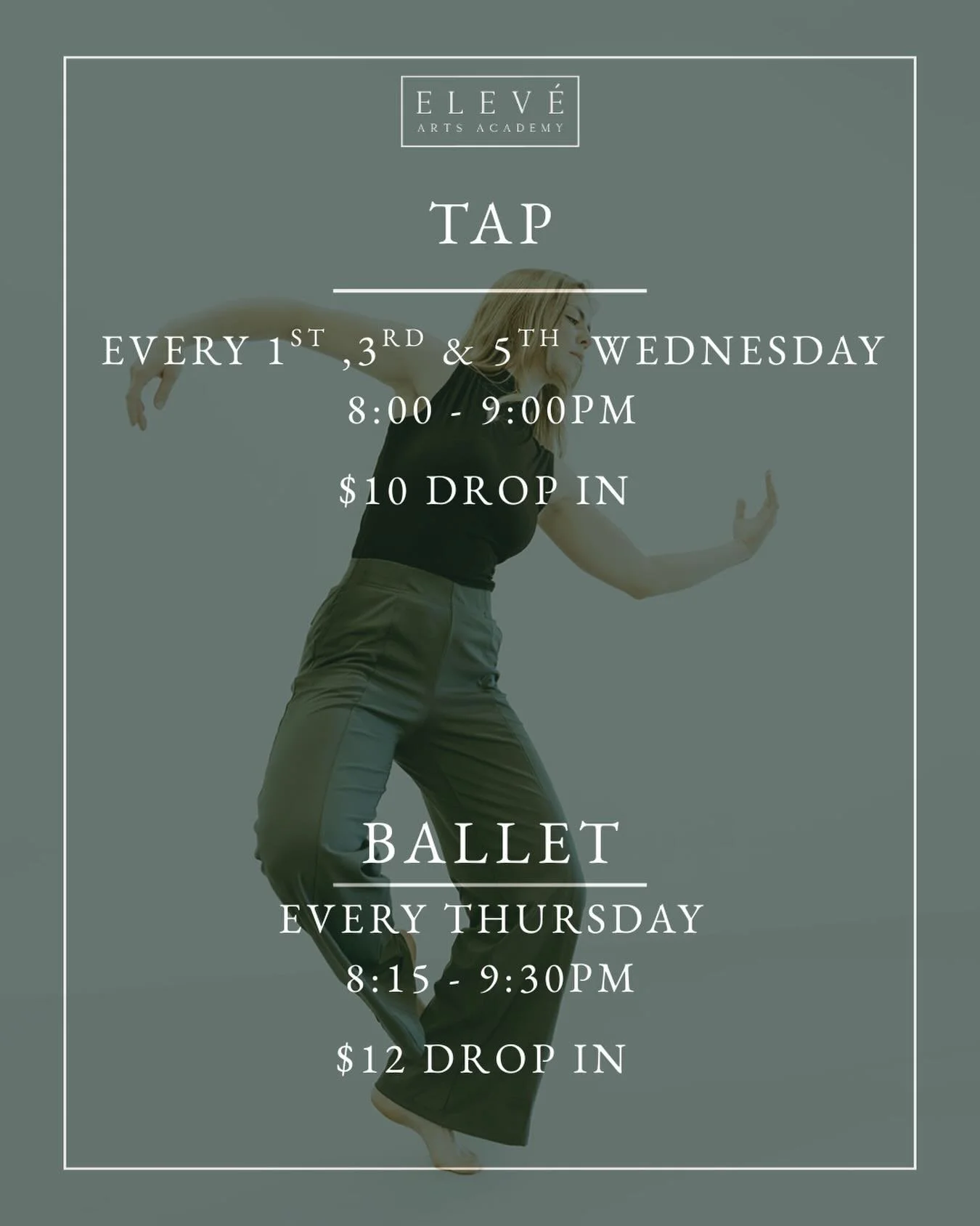 ADULT DANCE! Get ready to move, groove, and feed the soul! Join us this week for Tap on Wednesday from 8-9pm ($10 drop in) and Ballet on Thursday from 8:15-9:30pm ($12 drop in). See you there! For more info visit: