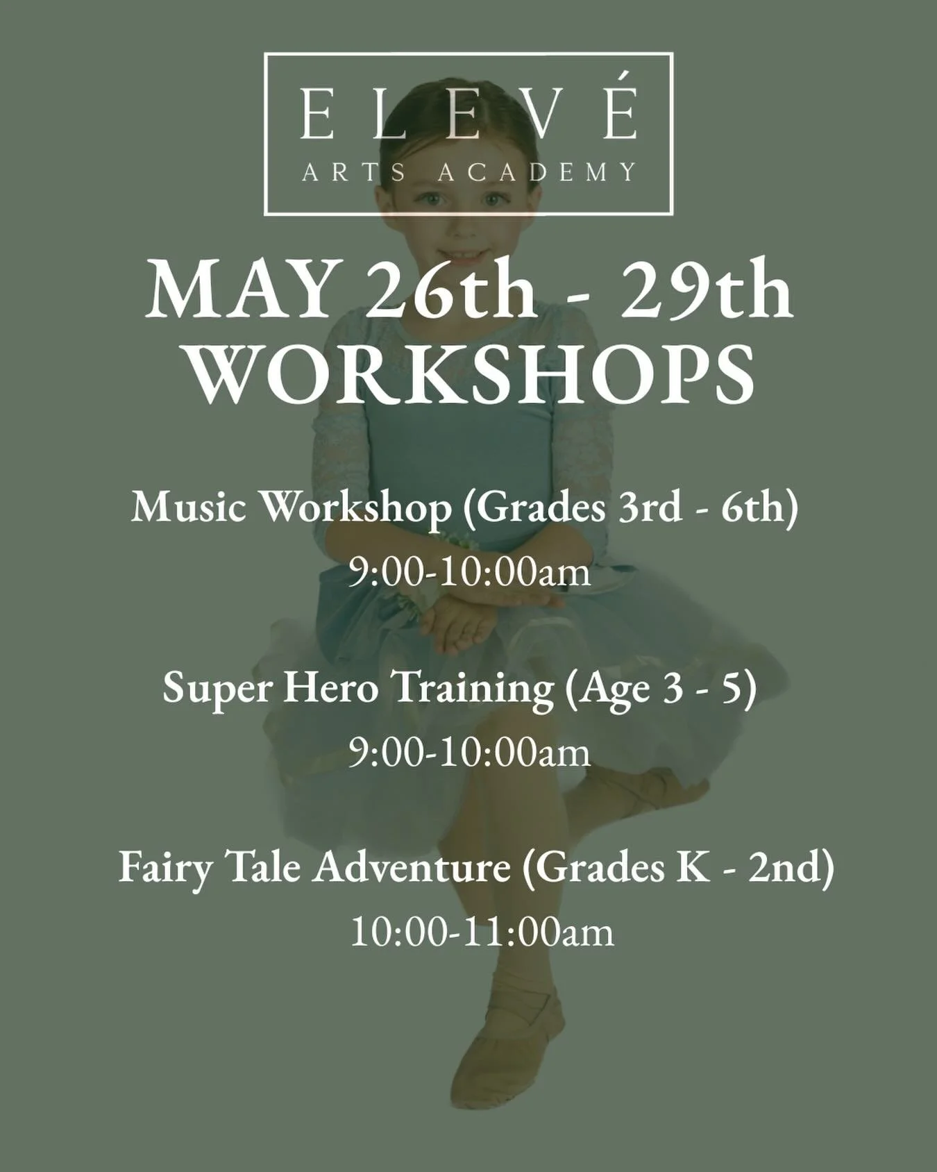 Get ready! May 26th-29th is our first week of Summer Workshops!&nbsp;

Music Workshop - Songs of the Fairy tale Forrest (3rd- 6th grade) 9:00-10:00am
	Do princesses, princes, and magical creatures inspire wonder in your young musician? In this worksh