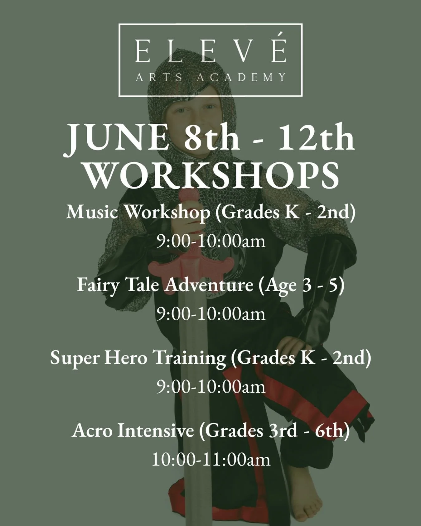 Get ready for the amazing workshops happening June 8th-12th at Eleve Arts Academy!

Music Workshop - Luau (K-2nd Grade) 9:00-10:00am
	Let&rsquo;s bring the beach to Elev&eacute;! Come for a week of popular beach-themed songs from some of your favorit