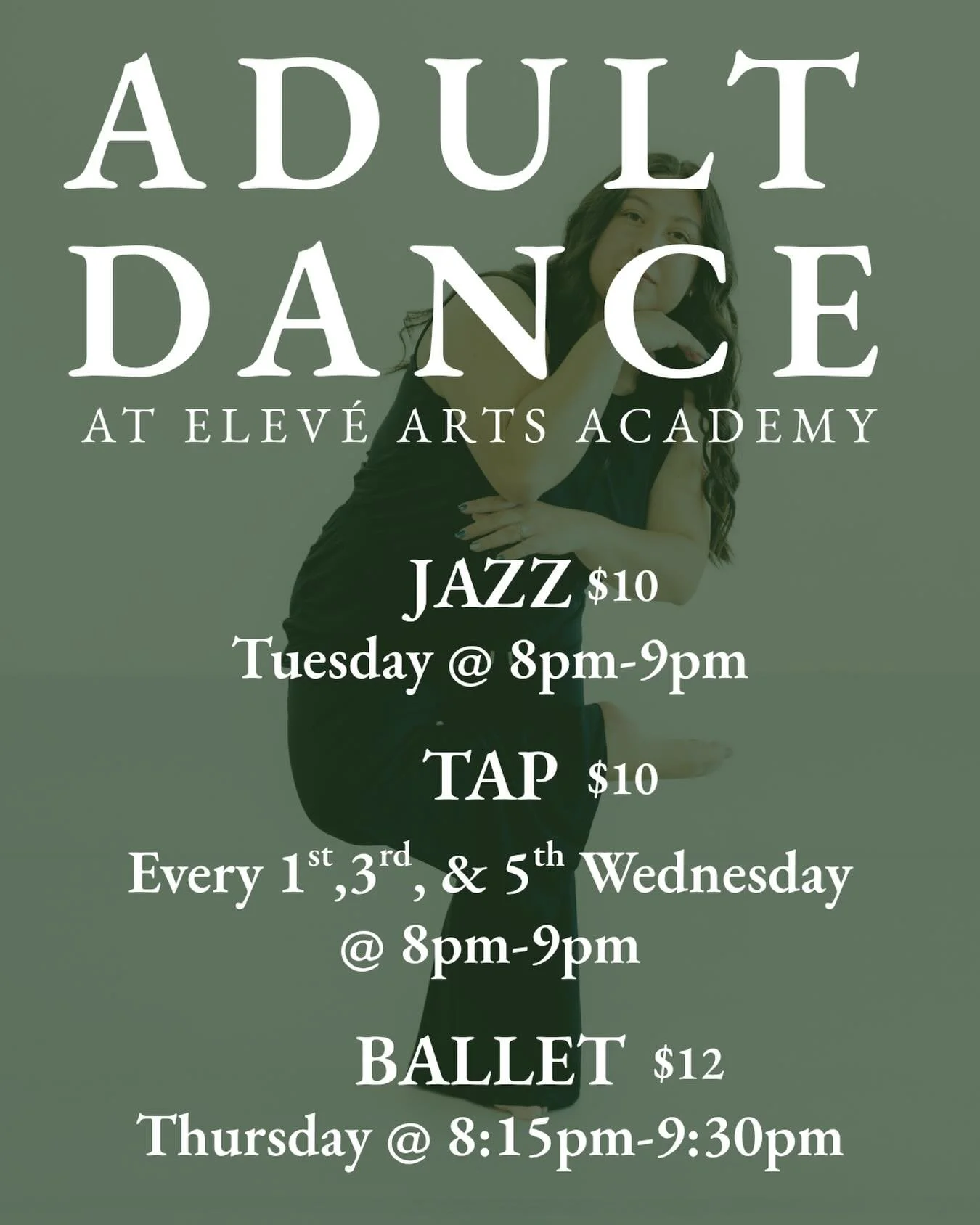 IT&rsquo;S A TRIPLE ADULT DANCE WEEK AT ELEV&Eacute;! We can&rsquo;t wait to have a wonderful summer of dancing! Jazz and Tap are $10 for a drop in and Ballet is $12. All levels are welcome! For more information check us out at eleveacademy.com