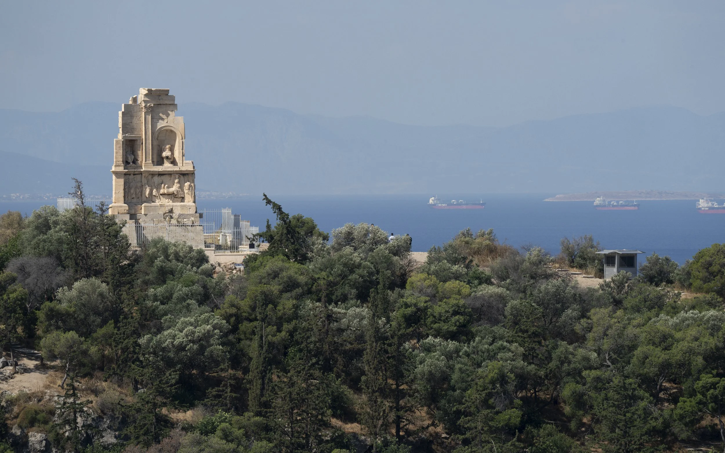 Heroon of Mousaios archeological site with Piraeus Harbor in the background - Athens, Greece
