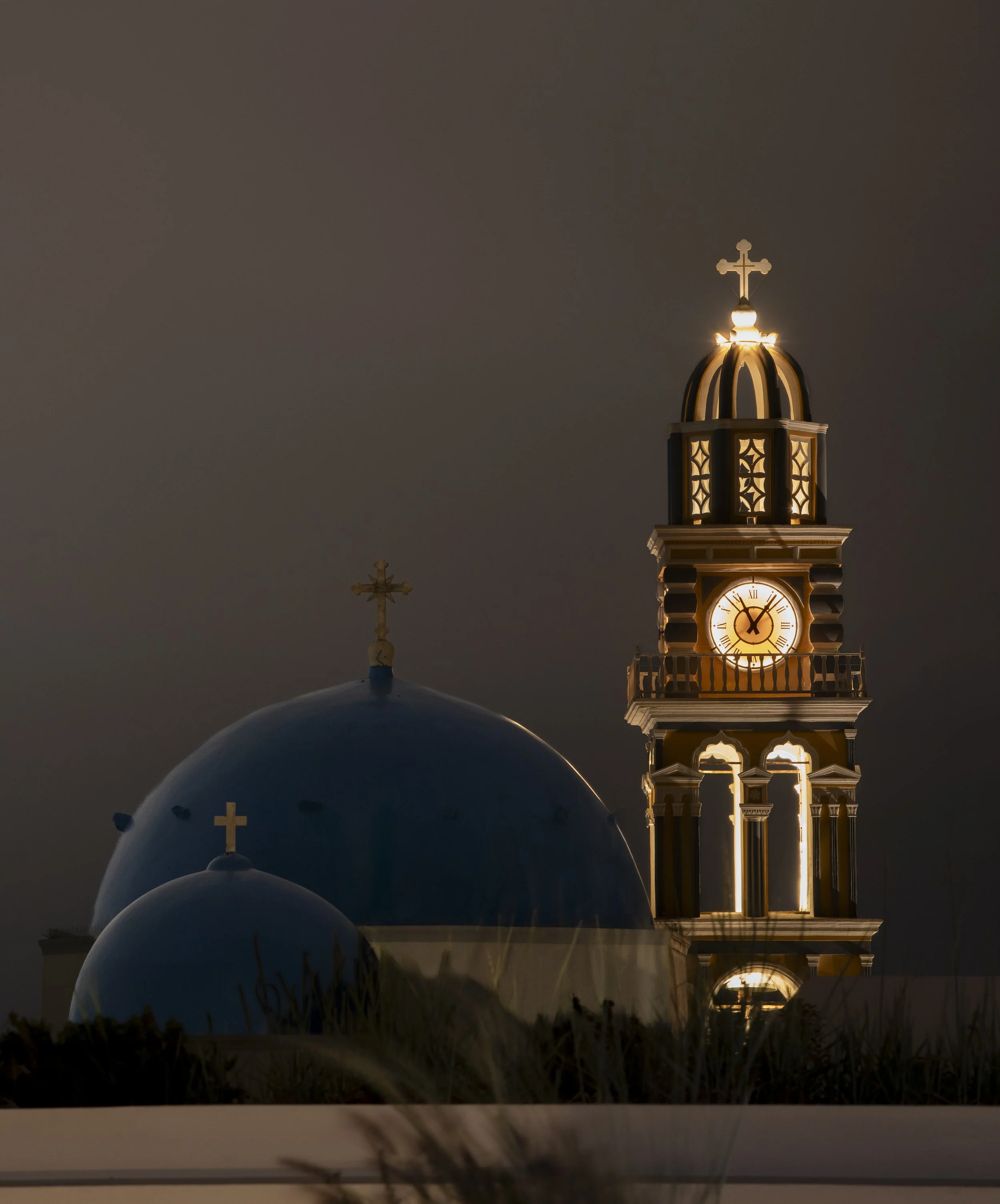 Nighttime domes & tower - Santorini, Greece